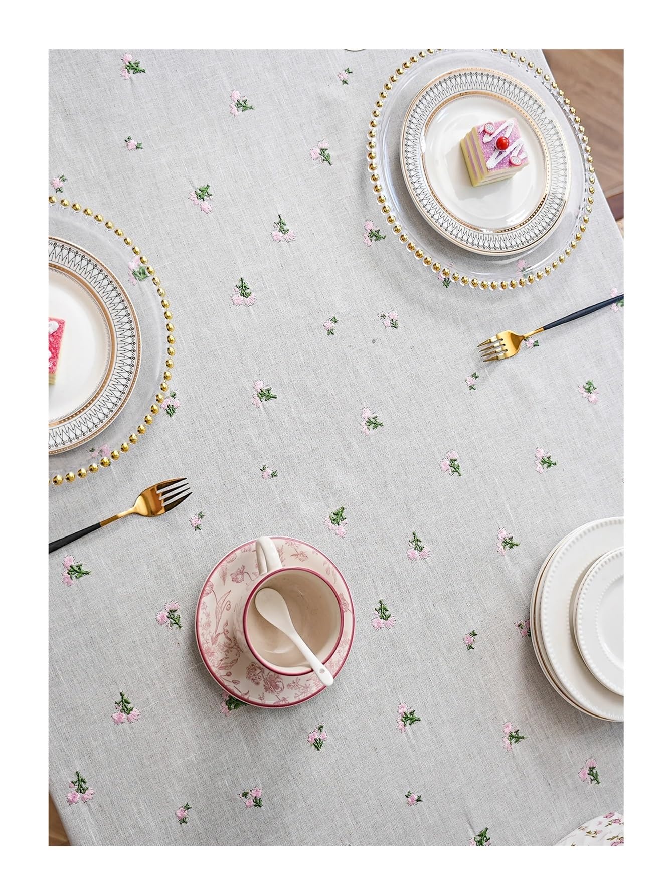 Mantel de Navidad Small Fresh Pink Flower Embroidery Hanging Spike Tablecloth Living Room Kitchen Dining Table Decoration(140x140cm)