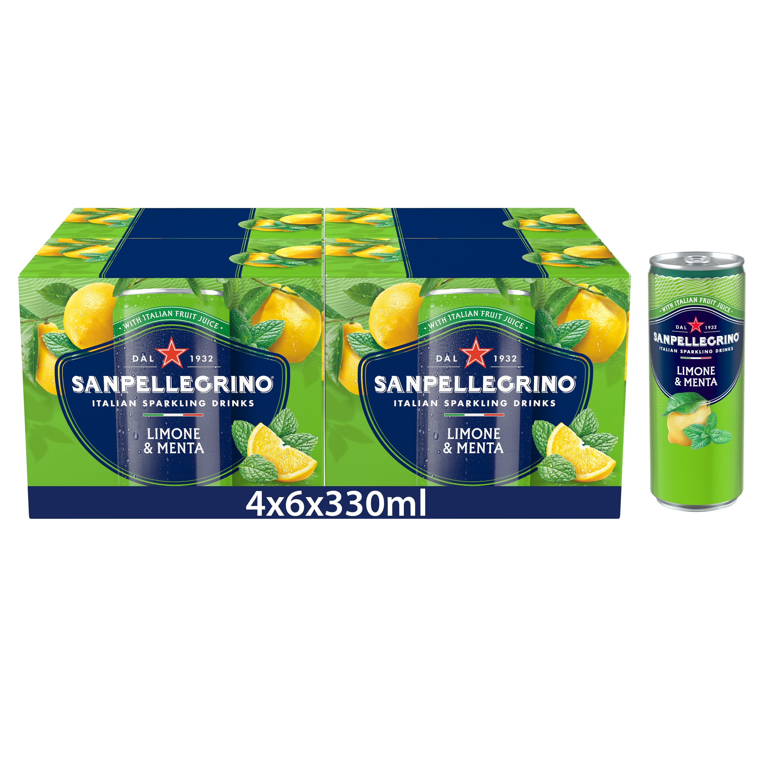San Pellegrino Italian Sparkling Drinks Tastefully Light Sparkling Lemon & Mint Canned Soft Drink 24 Pack (4 Pack x 6 x 330 ml) | 74 kCals per Can