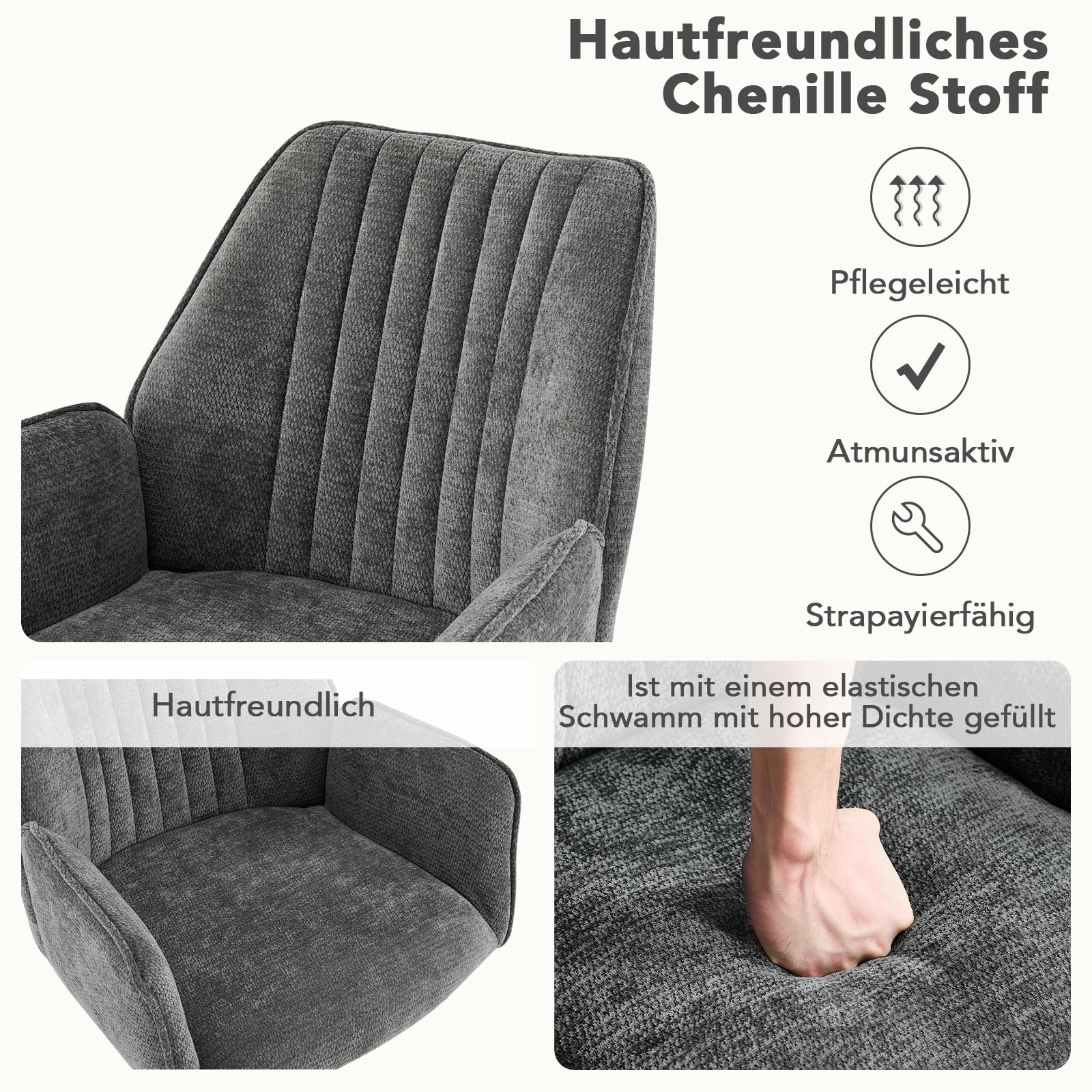 2er Set Esszimmerstühle Drehbar mit Armlehne, 360°Drehbar Polsterstuhl Küchenstuhl aus Chenille, Stühle Esszimmer Schminkstuhl Drehstuhl mit Metallbeine für Esszimmer Schlafzimmer, Dunkelgrau