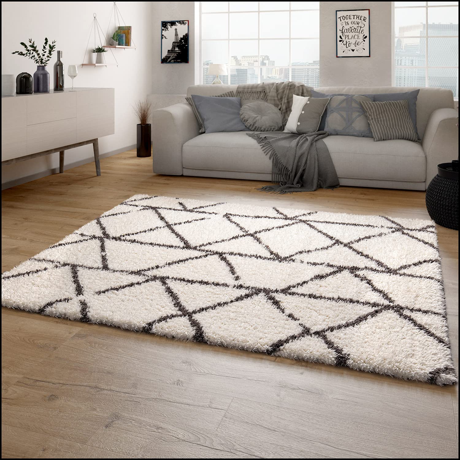 Paco Home Tapis Shaggy Tapis De Salon Shaggy Poil Long Motif Diamant Scandinave Moderne, Dimension:120x160 cm, Couleur:Crème 5