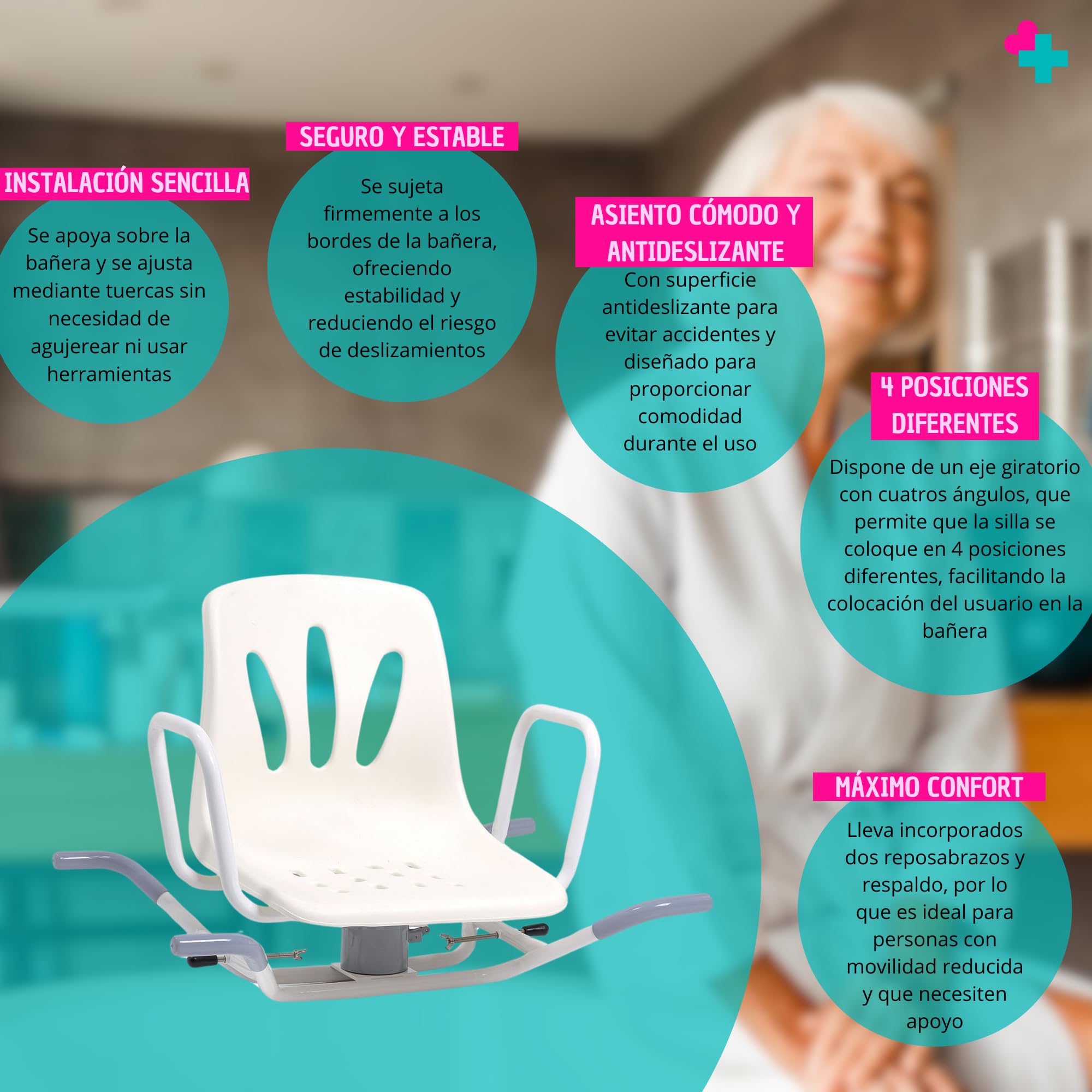 Asiento Giratorio 360º para Bañera. Asiento Giratorio Bañera Personas Mayores y Personas con Movilidad Reducida. Asiento para Bañera de Acero Inoxidable Sin Obras 4 Posiciones.