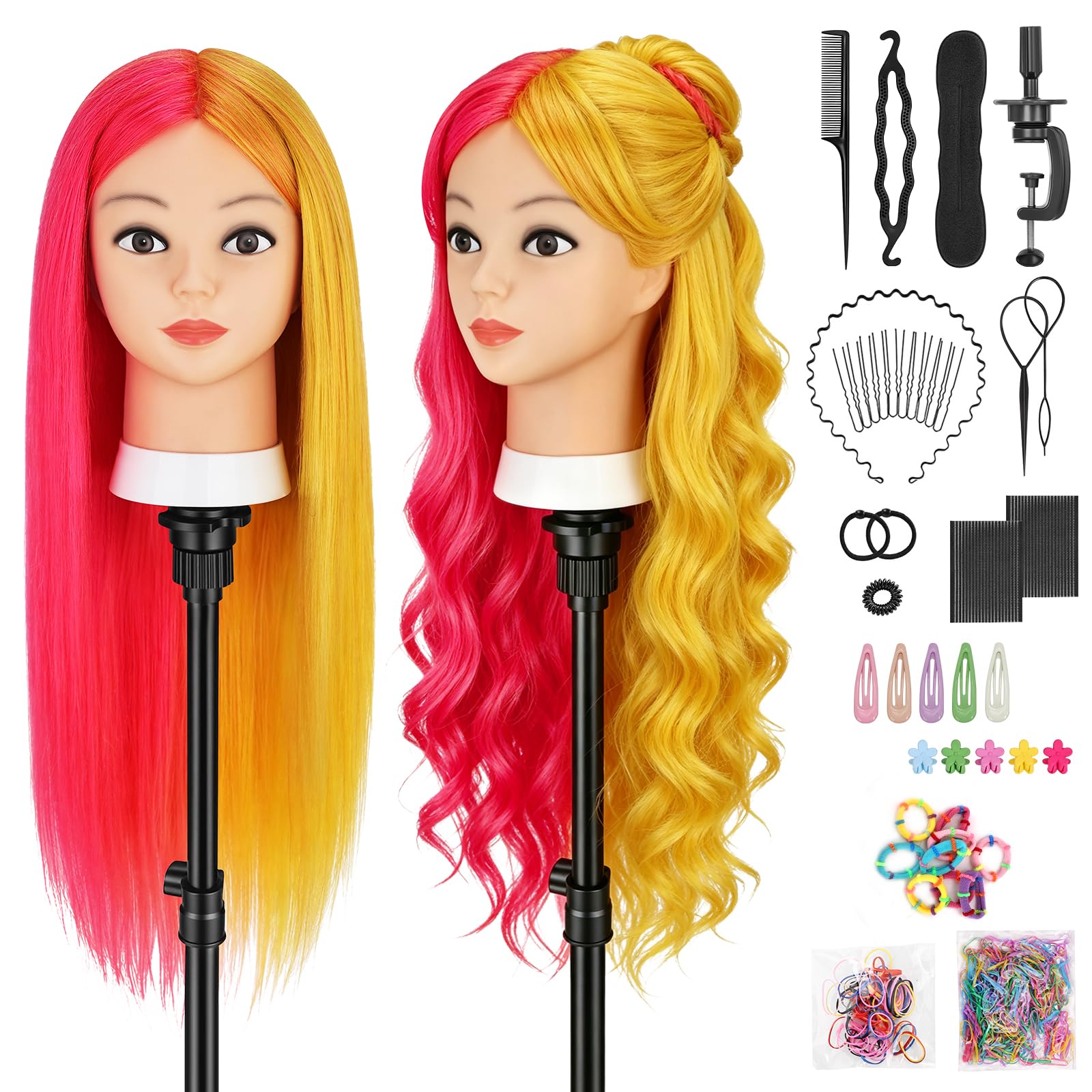 TwoWin Friseurkopf Echthaar, 26 Zoll (66 cm) 80% Haaren Mannequin Frisierkopf, Trainingskopf für Friseure für Styling & Friseurpraxis mit DIY Haare Frisuren Set (Rosa + Gelb)