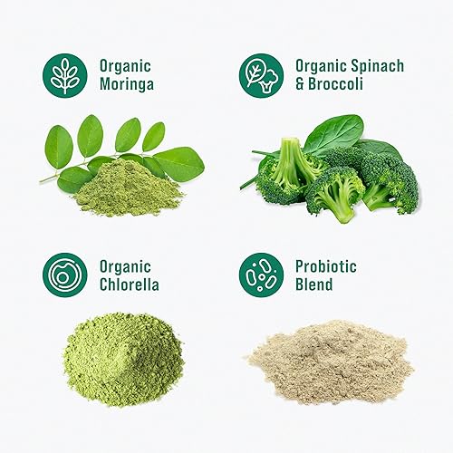 Miniatura 6 de Nello Supergreens Superfood - Mezcla de bebida con clorella, moringa, espinacas, brócoli, enzimas digestivas y probióticos, sabor a pera de manzana,
