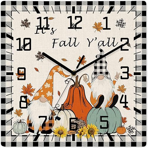 Thanksgiving Gnomes Wooden Wall Clock Silent Non Ticking, Fall Pumpkins Black Plaid Square Wall Clock Battery Operated, Decor Clock for Home Office,