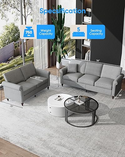 Miniatura 2 de Juegos de sofás de sala de estar de 2 piezas, modernos juegos de sofá de 3 plazas y sofá biplaza, tela de lino de 3 asientos + muebles de sofá de 2