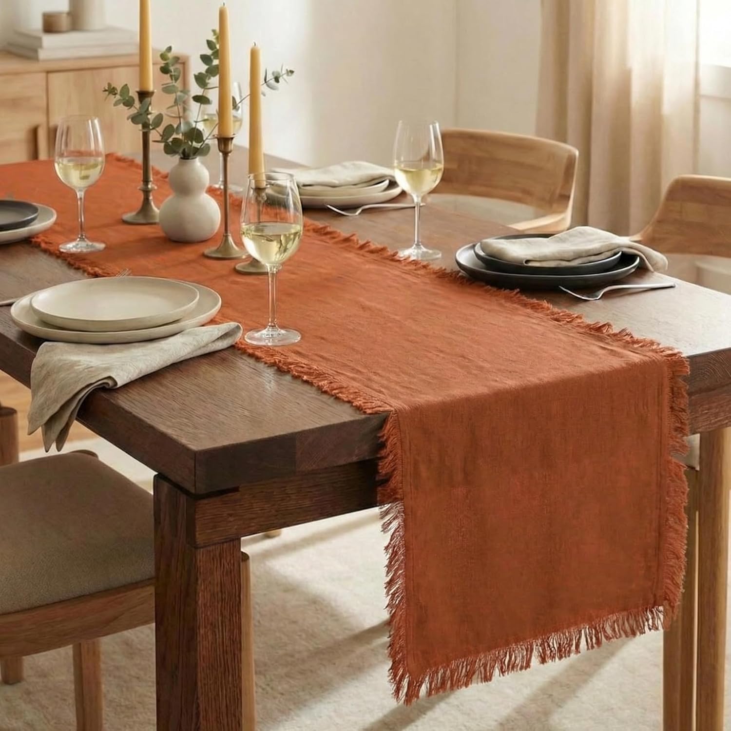 Accent Home Rust 13 x 108 Inches Cotton-Linen Table Runner – Soft, Durable & Natural Blend Rustic Farmhouse Style for Dining Table, Weddings Bridal Shower Thanksgiving Christmas & Everyday Use