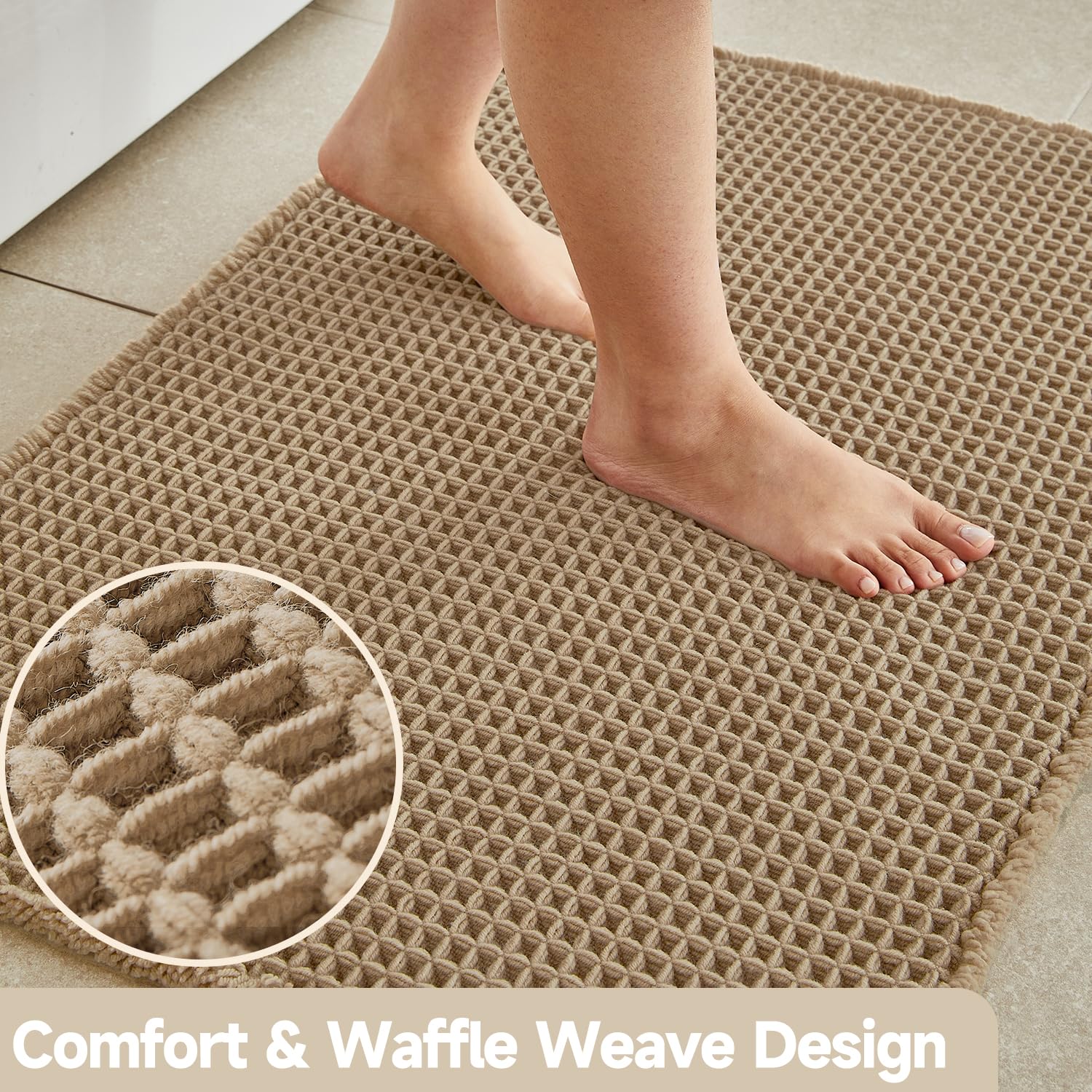 Waffle Bath Mat Non Slip Washable 30x20 Khaki F881