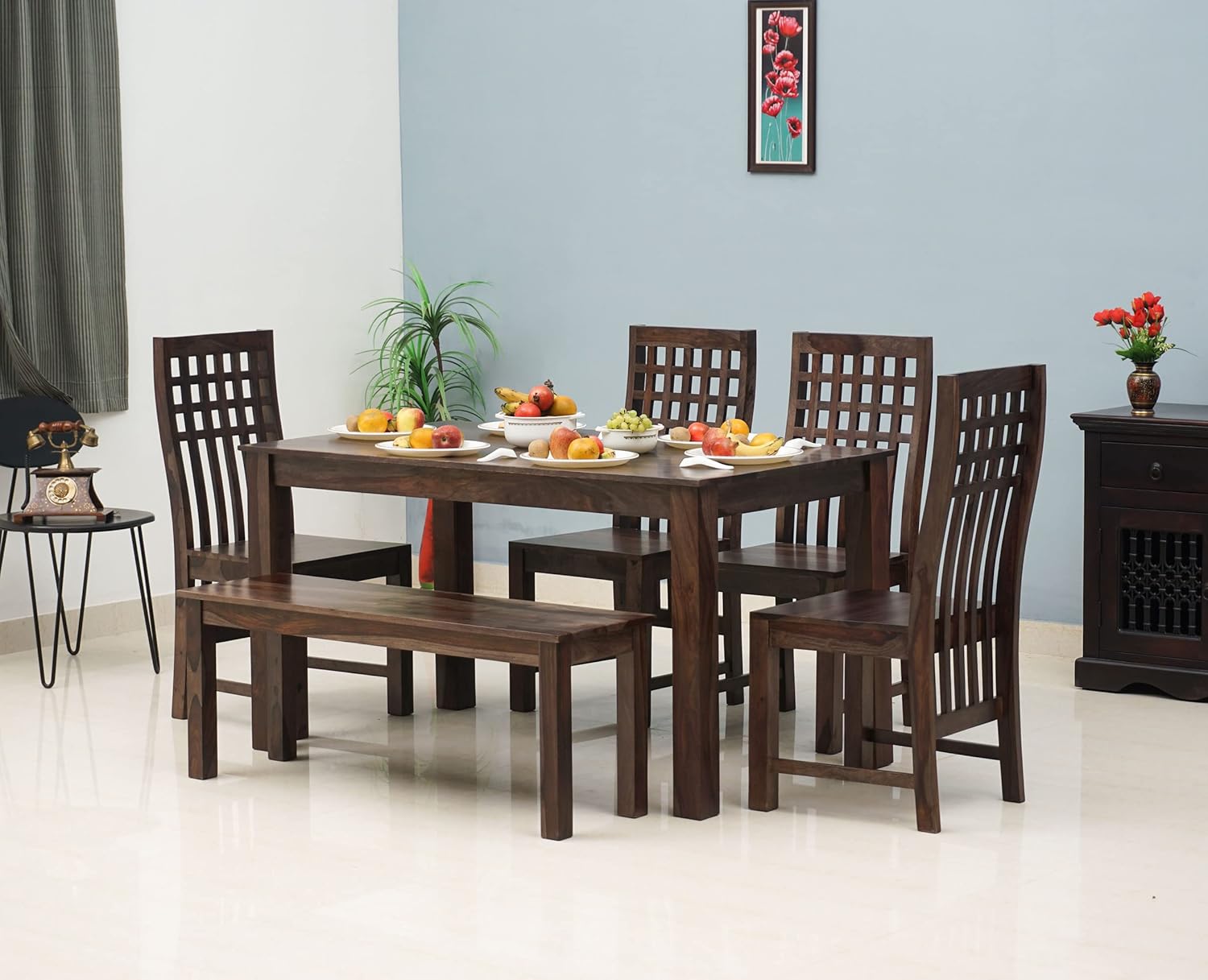 WOODEFLY Royal Sheesham Wooden Dining Table 6 Seater with 4 Chairs & 1