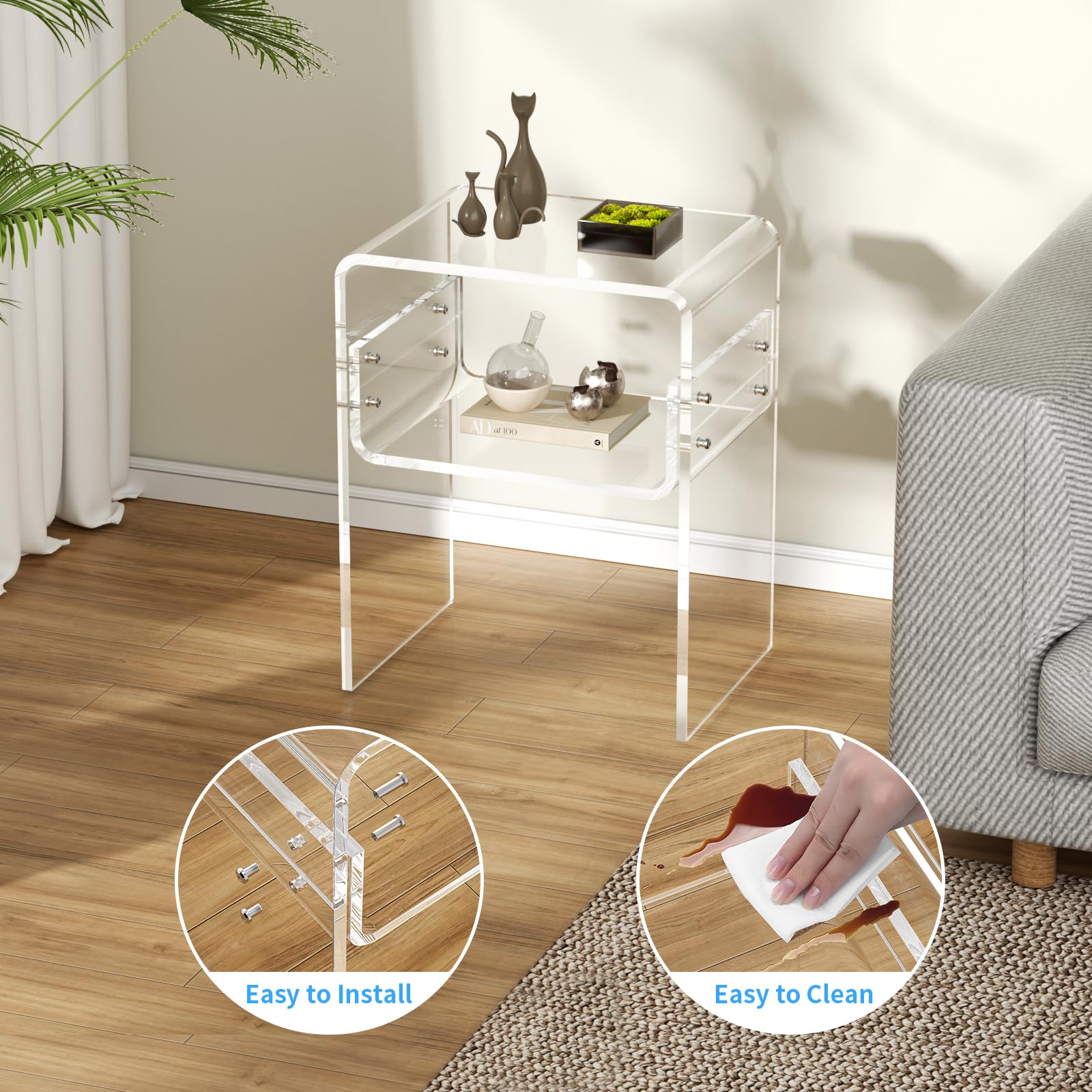 Carmanon Acrylic End Table 2 Tier, Clear Nightstand Side Table with Waterfall Edges for Small Living Room, Bedroom and Bathroom, Easy-Assembly, Clear