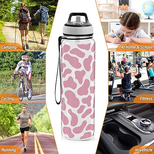 Miniatura 7 de Botella de agua con estampado de vaca rosa con tapa de pajilla, 32 onzas, a prueba de fugas, transparente, para gimnasio, mujeres, hombres, deportes
