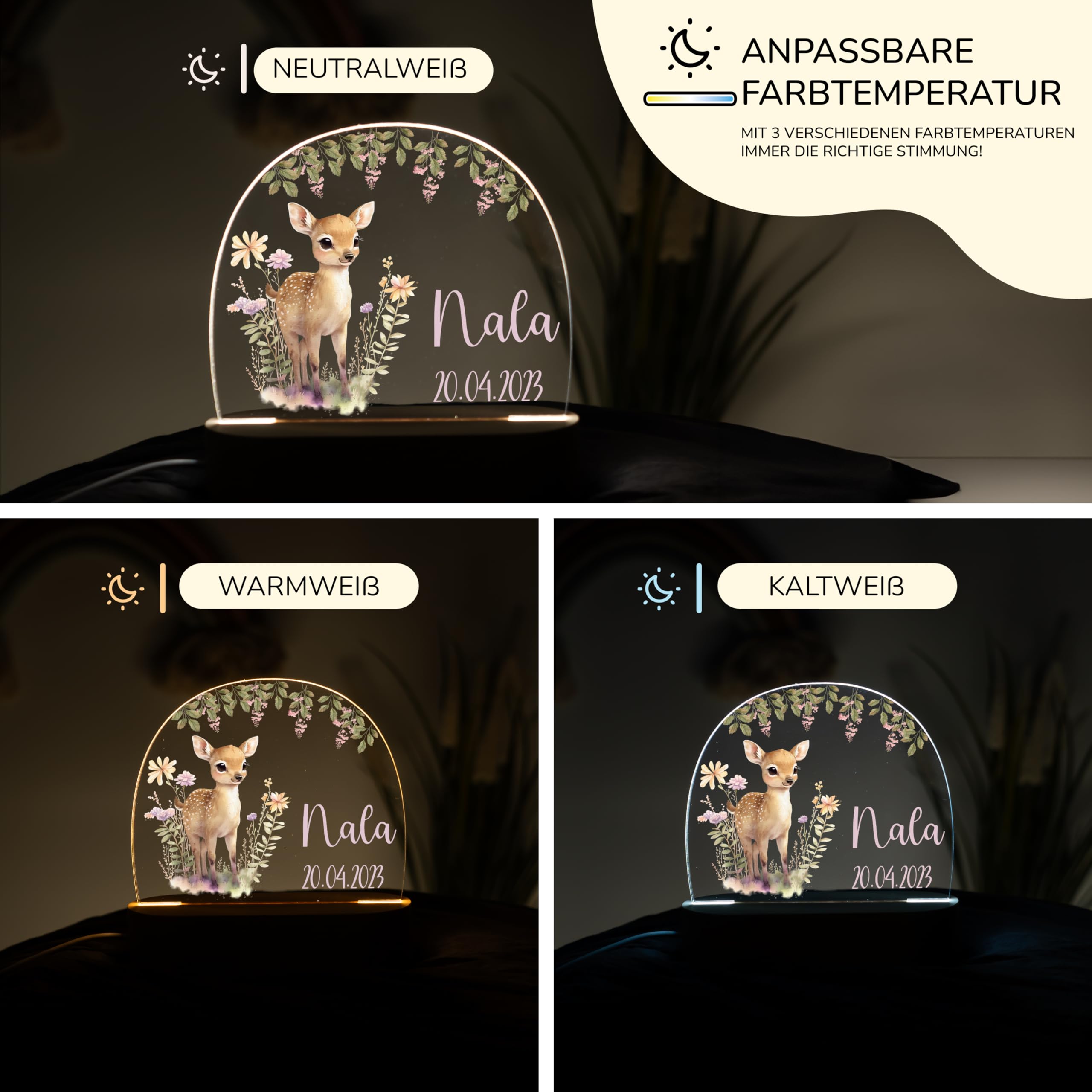 Kidsmood - Nachtlicht Baby - Personalisiertes Nachttischlampe mit Name & LED Stillicht Kinderzimmer, dimmbar - Geschenk zur Geburt, Taufe & Geburtstag für Mädchen & Jungen [Fuchs Floral]
