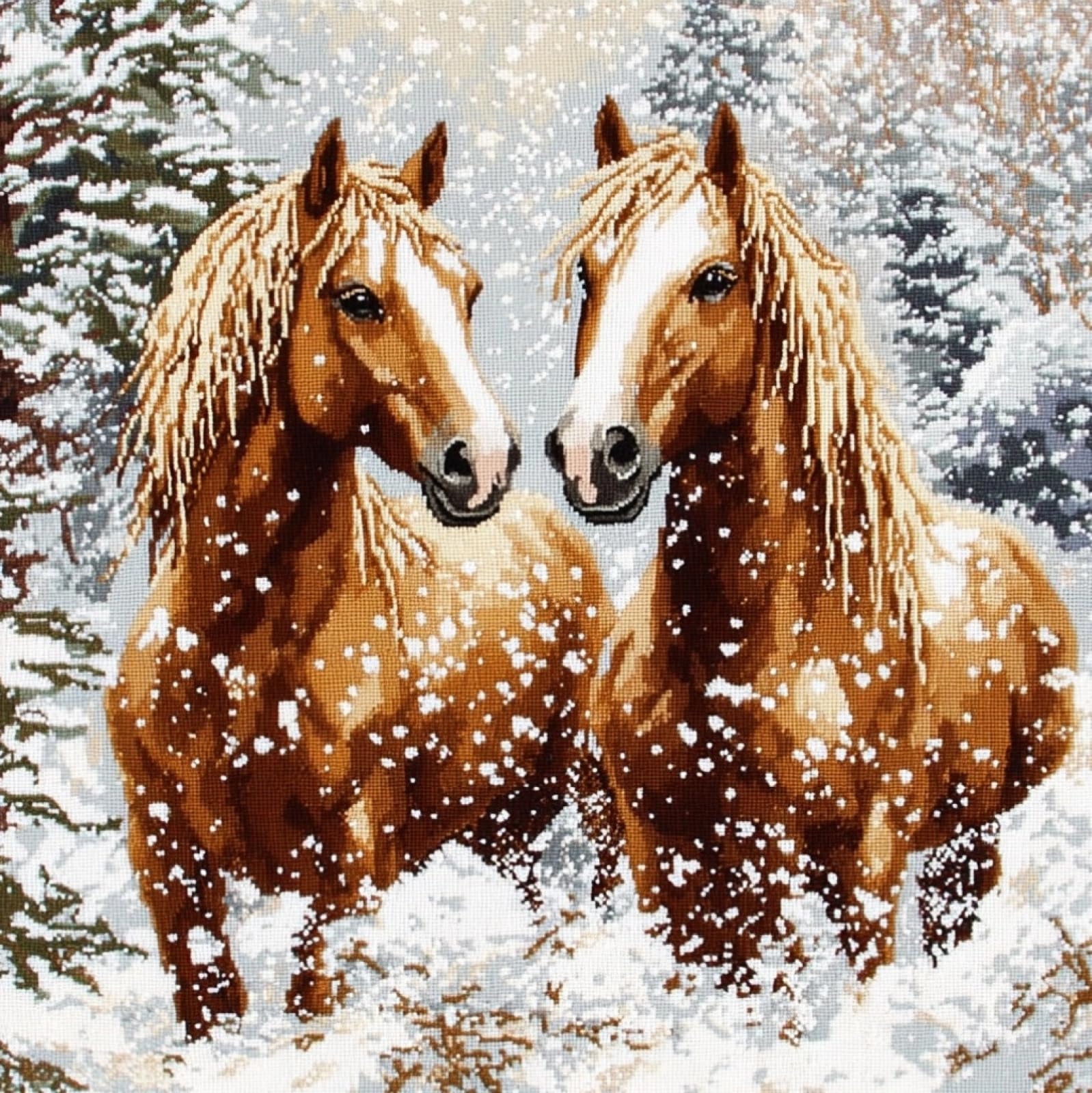 WallustrioaW DIY Cross Stitch Pillow Kit,Snow Scene Animals Horse,Cushion Kit Needlepoint Craft Set Cushion Pre Printed Handmade Needle Pillow Cover,45x45cm