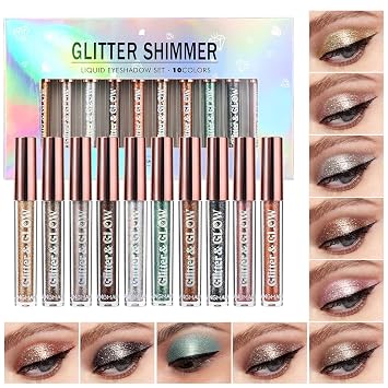 LANGMANNI 10 Pcs Liquid Glitter Eyeshadow,Metallic Shimmer Eyeshadow Sweatproof Makeup Set,Glitter Pressed All Highly Pigmented Blending Powder For Woman & Girl 10pcs
