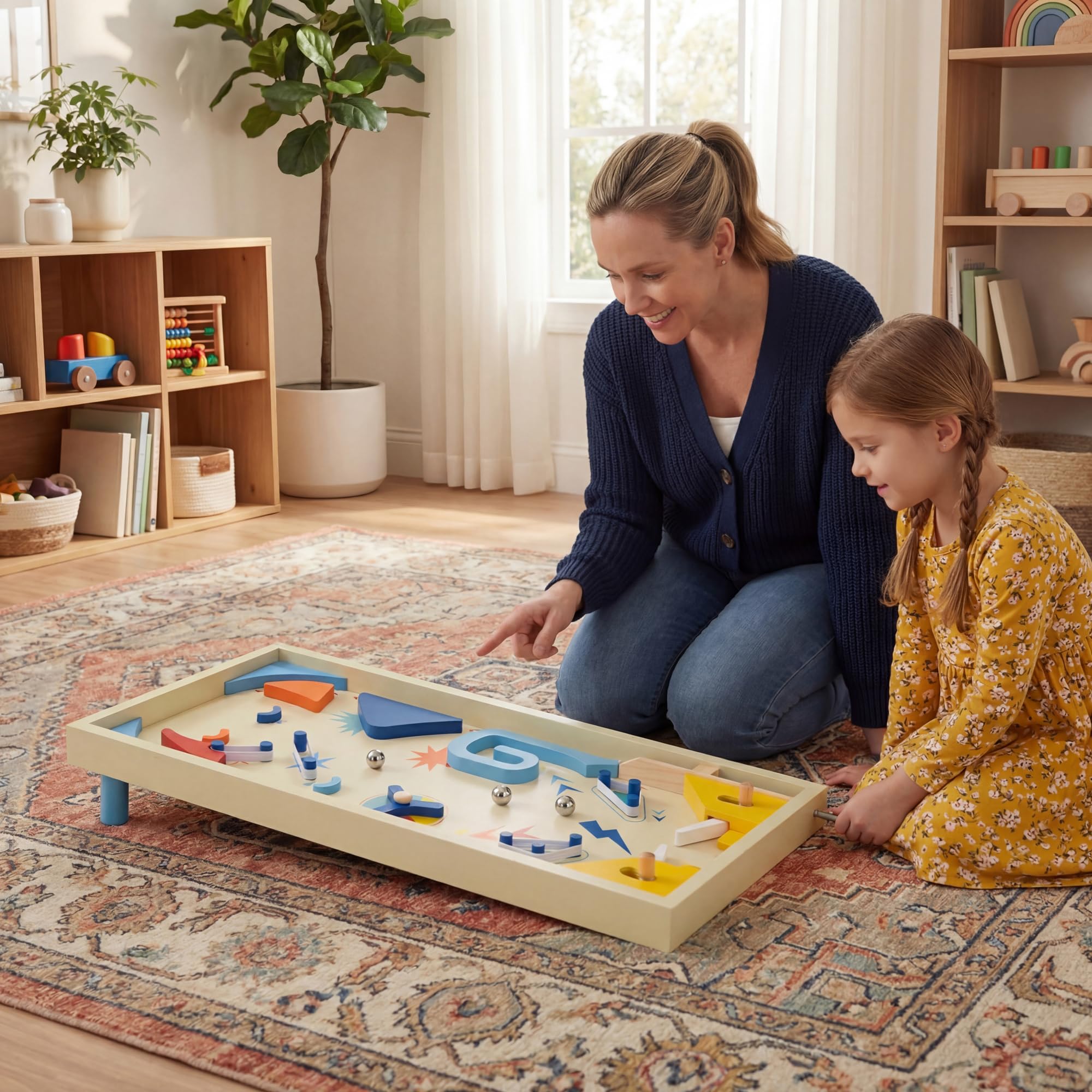 GOPLUS Flipper en Bois, Jeu de Société Enfant avec Piste Rotative & Score, Lanceur à Ressort, 2 Palettes, 3 Billes Métal, Pieds Amovibles, Développe Compétences Motrices pour Famille/Fêtes 6 Ans+