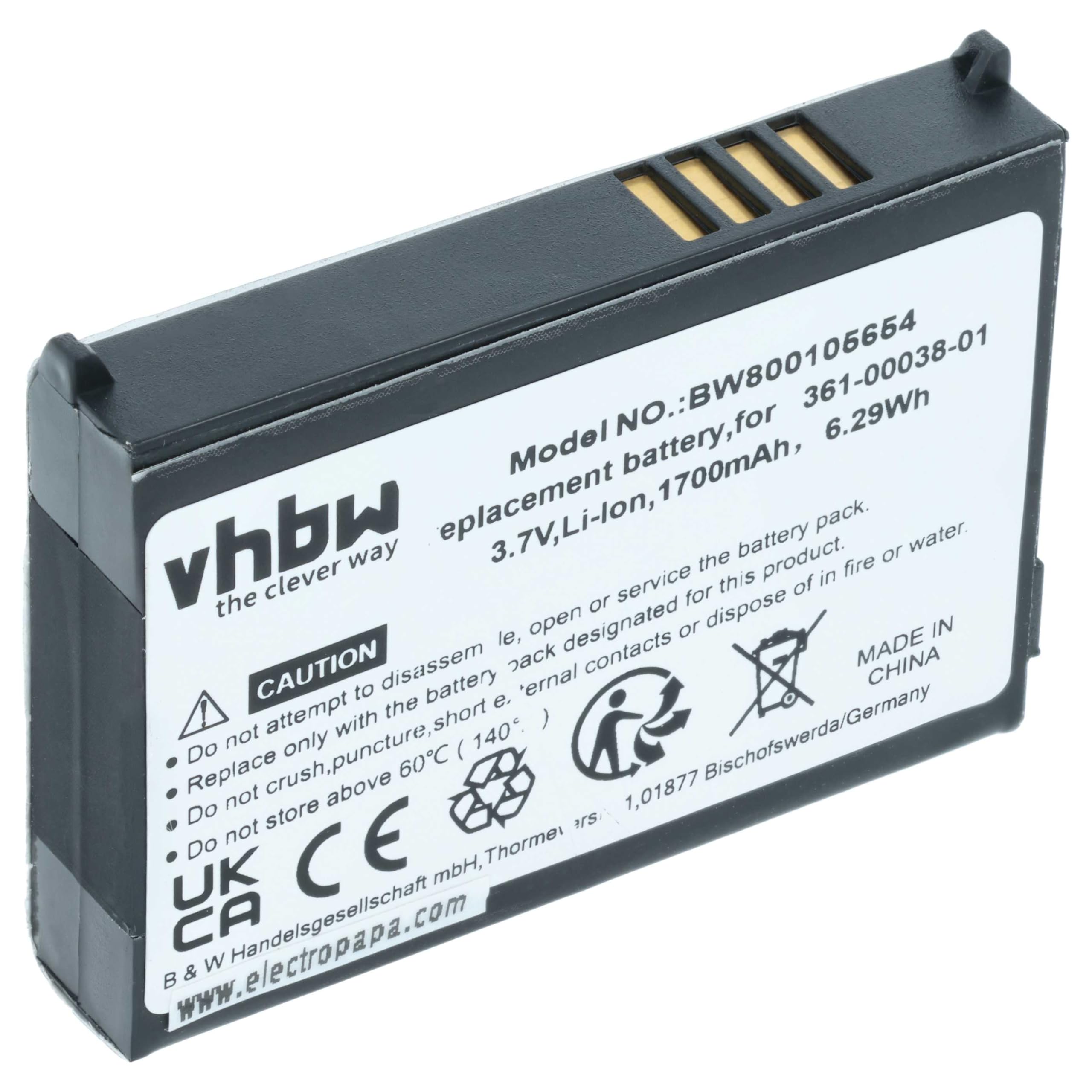 vhbw batteria sostituisce Garmin 361-00038-01, 010-11143-00 per navigatore GPS (1700mAh, 3,7V, Li-Ion)