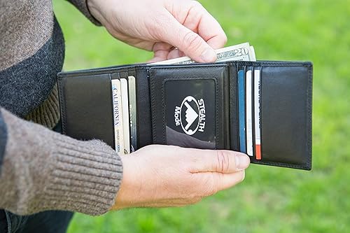Miniatura 8 de Stealth Mode Cartera RFID triple plegable de cuero para hombres con soporte de identificación abatible Negro talla única  Carteras triples para