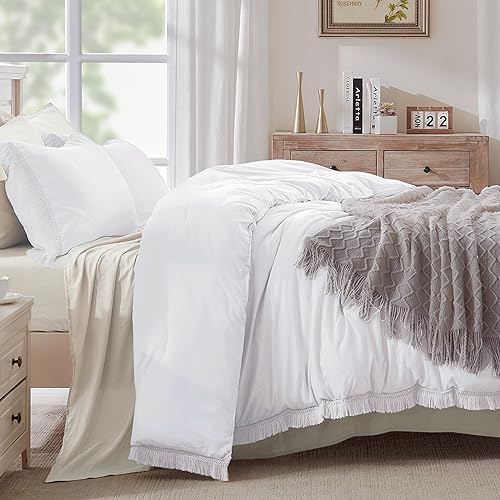 Miniatura 7 de Andency - Juego de edredón blanco tamaño Queen, 3 piezas, juego de edredón bohemio ligero para todas las estaciones, juego de cama suave (edredón de