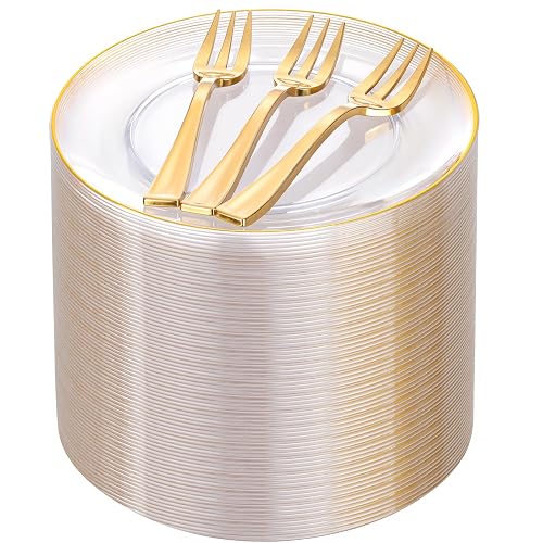 Festiva 200Pcs Clear Plastic Dessert Plates Disposable 6.3' with Plastic Forks 5' - Small Clear Plates-Dessert/Cake/Appe