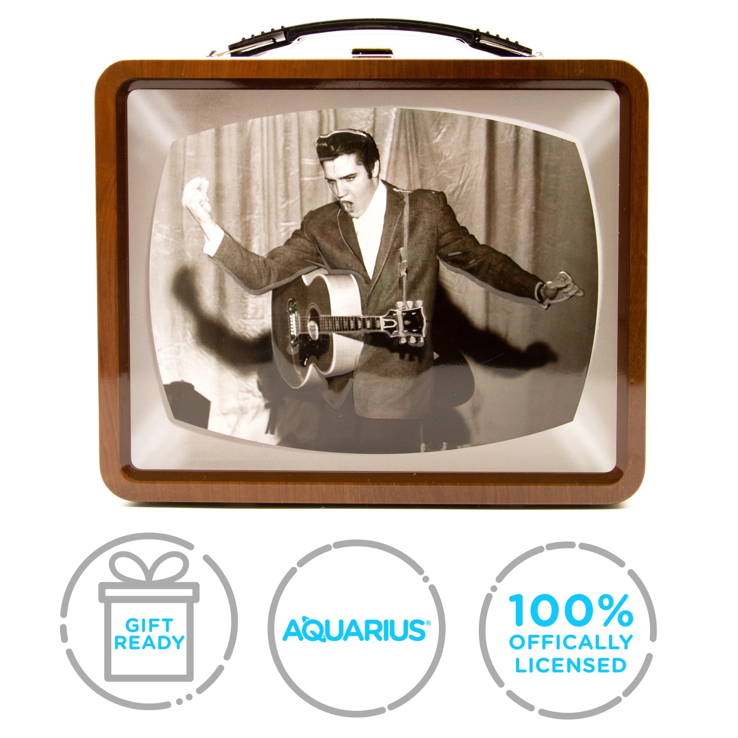 AQUARIUS Elvis TV Fun Box - solidne blaszane pudełko do przechowywania z plastikowym uchwytem i tłoczoną przednią pokrywą - oficjalnie licencjonowany produkt Elvis i prezent kolekcjonerski