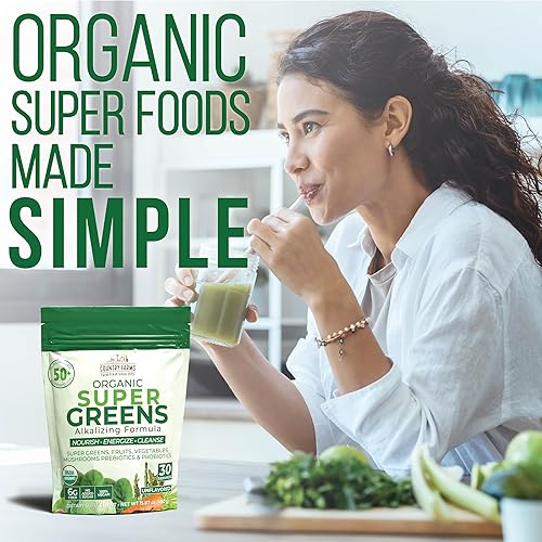 Miniatura 4 de COUNTRY FARMS Super Greens Sabor natural, 50 súper alimentos orgánicos, mezcla de bebida orgánica USDA (pasto de trigo, espirulina, clorella),