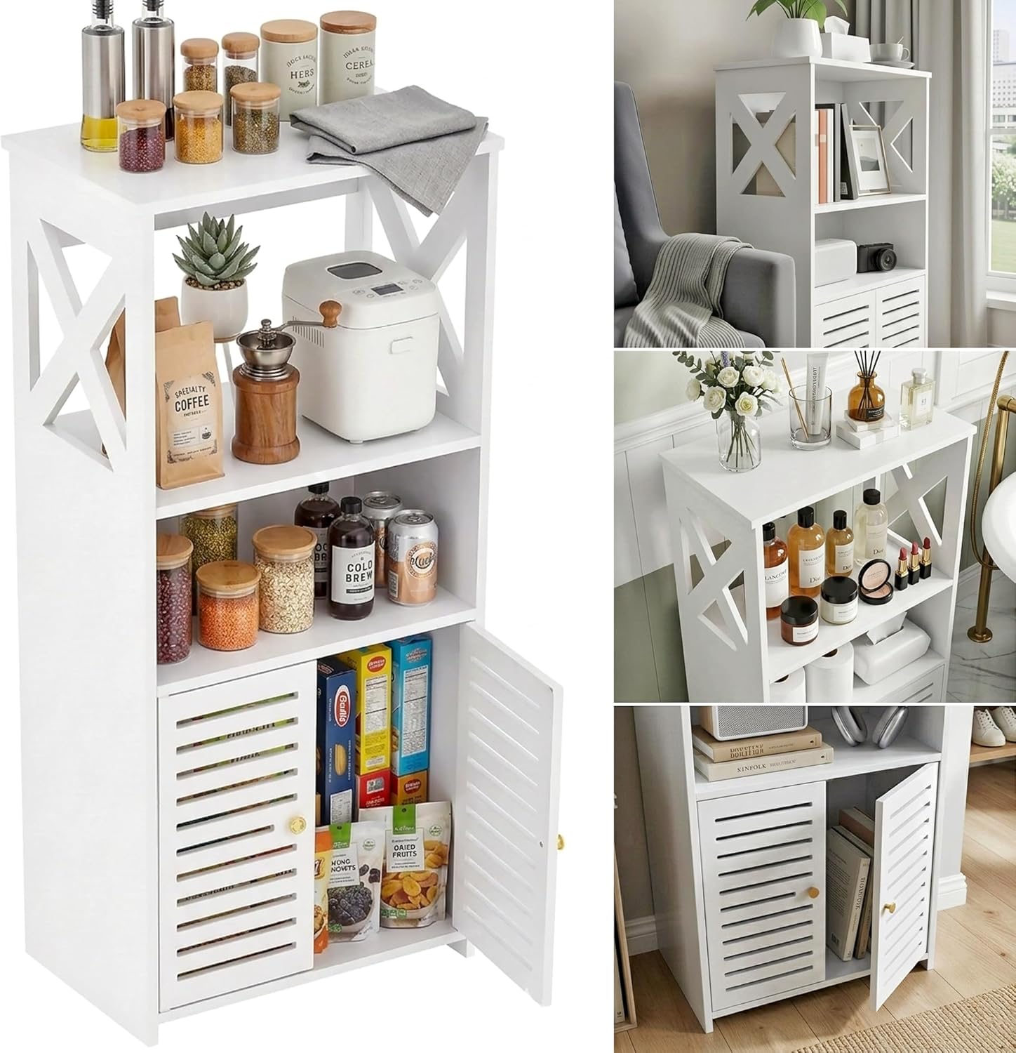 BYFU Bathroom Storage Cabinet, 4-Tier White Small Floor Cabinet Freestanding Organizer with Door and Shelf for Living Room Hallway Kitchen Small Space