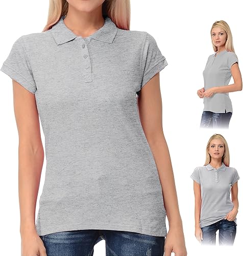 FRESH TEE Polo de manga corta para mujer 100% algodón ajustado para mujer (EE.UU., Alpha, S, regular, regular, gris mezcla), Gris Melange, Pequeña