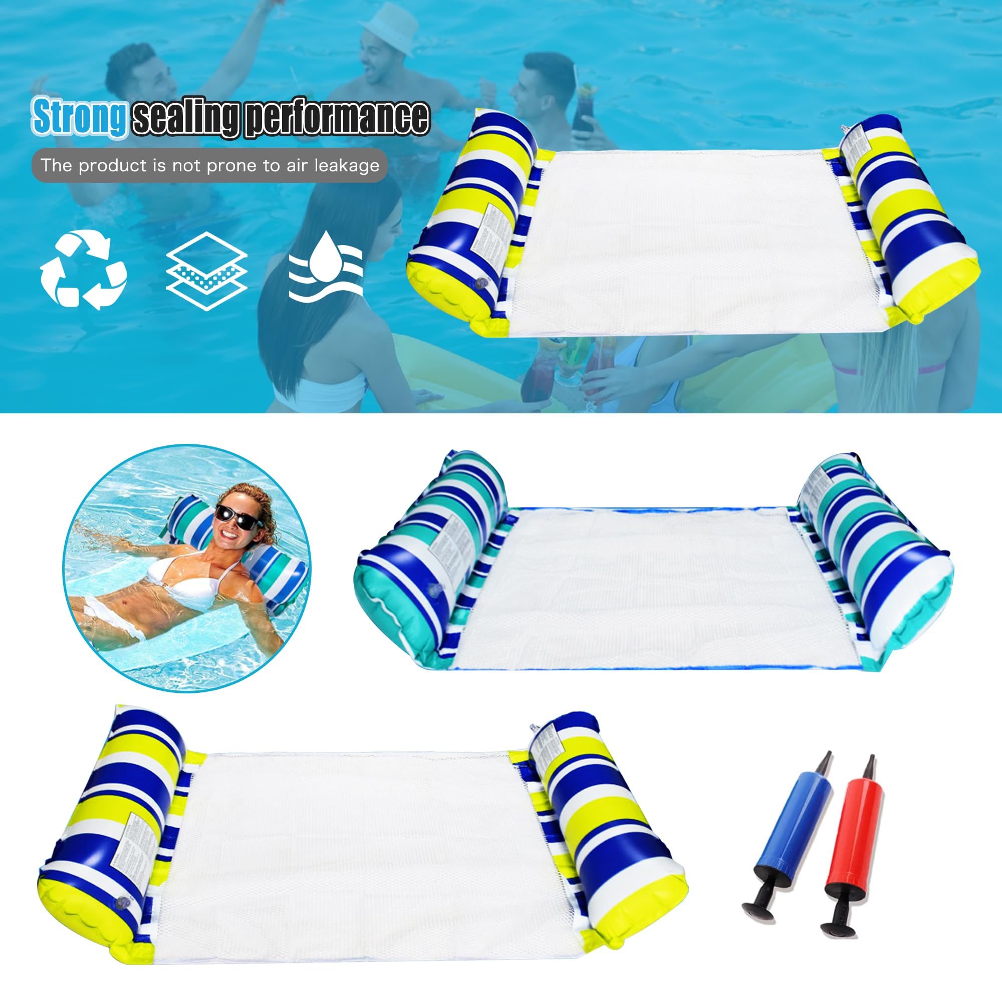 JAADU Lot de 2 Flottant Hamac Gonflable, Flottantes Hamac Jouet pour Adulte, 4 in 1 Bouee Piscine Adulte,Matelas Gonflable Piscine, avec 1 Pompe à Air Manuelle, pour Plage Partie etc