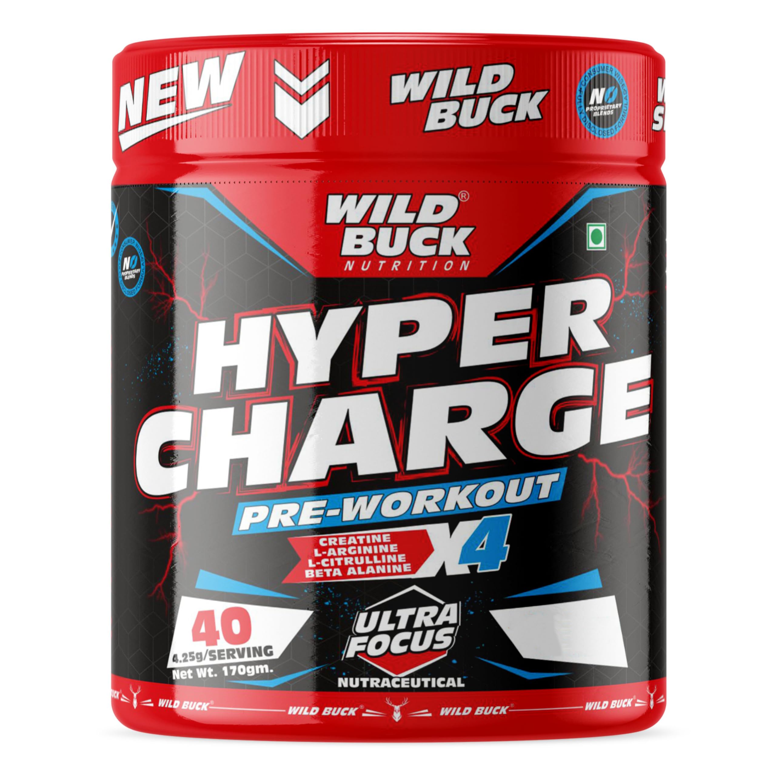 WILD BUCK NUTRACEUTICAL- BETA ALANINE, CREATINE, CAFFEINE POWDER, 170g for Energy, Performance, Stamina & Muscle Growth