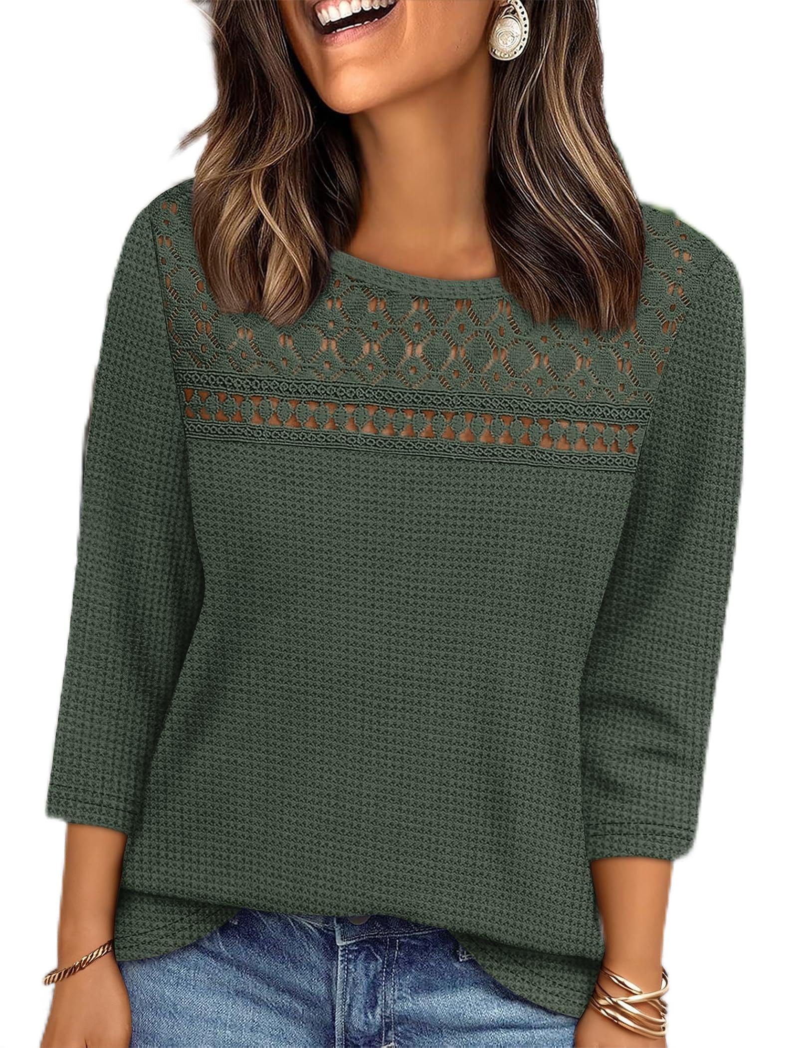 Camisetas femininas de manga comprida de renda para outono, estilosas, casuais, leves, roupas de malha, moda de malha waffle