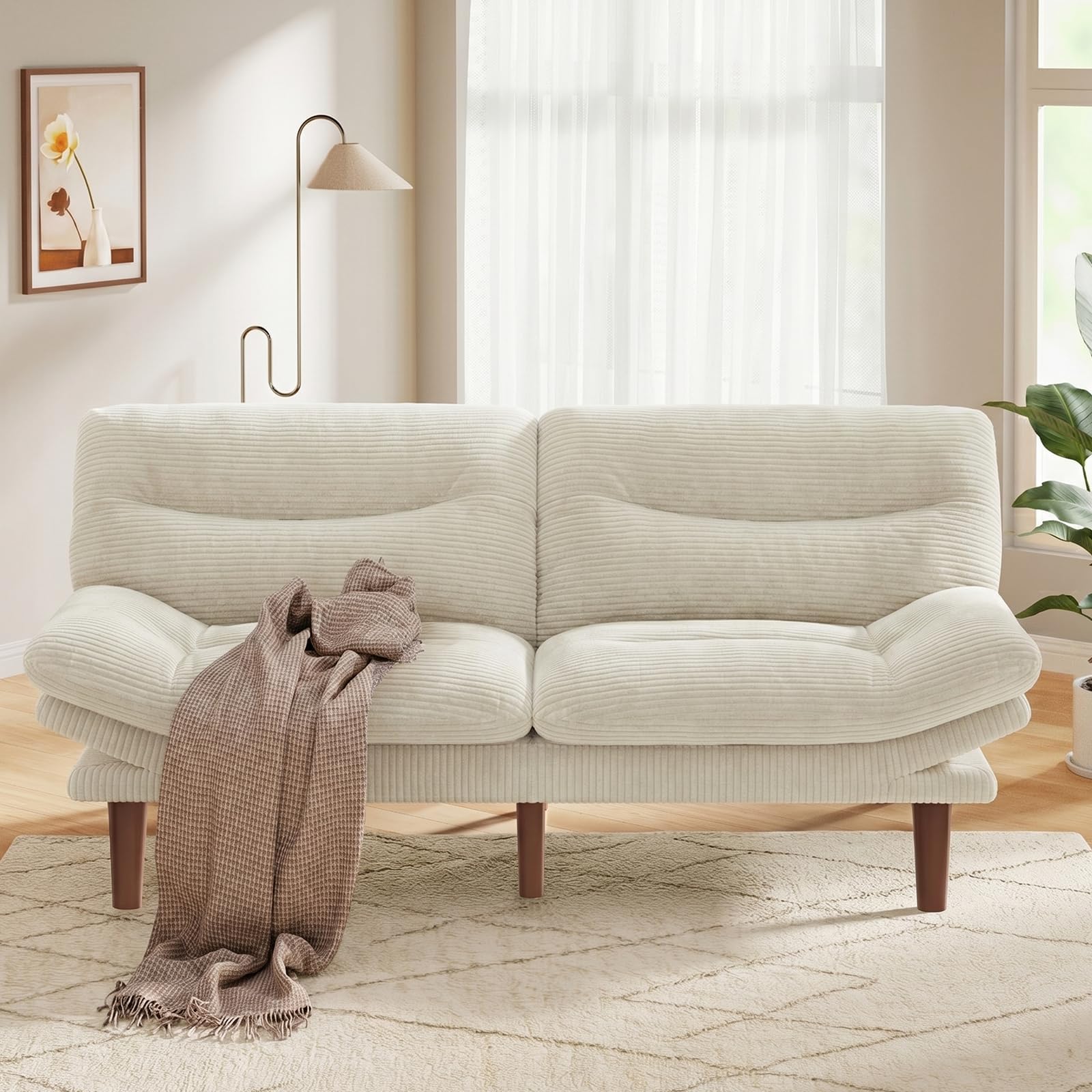 Pipishell 66 inch Convertible Futon Sofa Bed, Corduroy, White