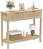 Boho Rattan Console Table with 2 Drawers 2 Tier Entryway Table Farmhouse Wood Sofa Tables with Open Storage Shelf for Living Room Hallway Foyer
