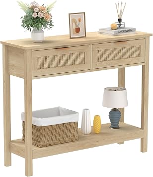 Trironsun Boho Rattan Console Table with 2 Drawers 2 Tier Entryway Table Farmhouse Wood Sofa Tables with Open Storage Shelf for Living Room Hallway Foyer