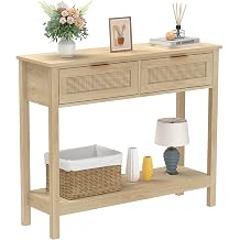 Trironsun Boho Rattan Console Table with 2 Drawers 2-Tier Entrance Table Farmhouse Wooden Sofa Table with Open Storage Shelf for Living Room Hallway Foyer Oak Yellow