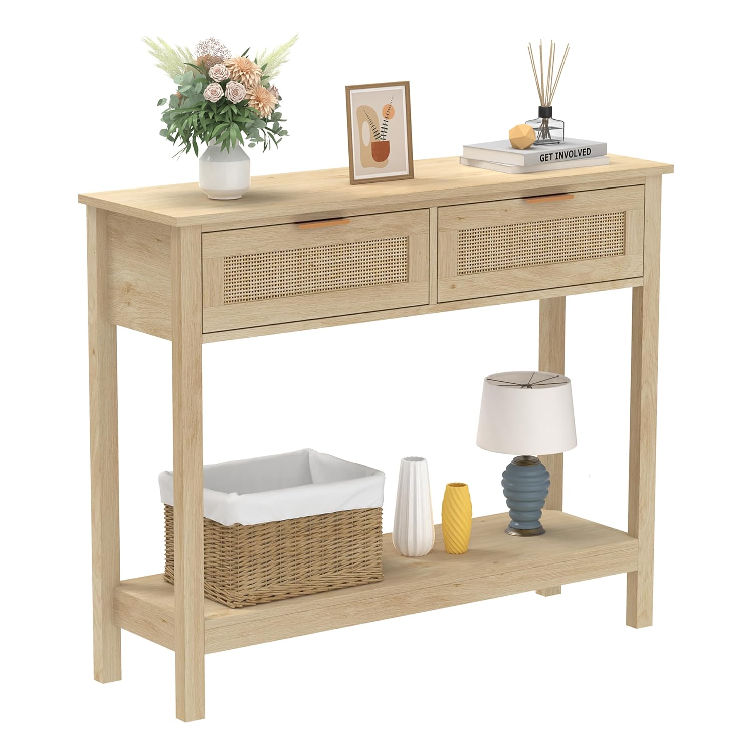 Trironsun Farmhouse Rattan Console Table with 2 Drawers 2 Tier Boho Narrow Long Sofa Table Natural with Open