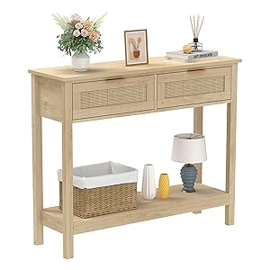 Mesa consola de ratán Boho con 2 cajones, mesa de entrada de 2 niveles, mesa de madera para sofá de granja, con estante de almacenamiento abierto para salón, pasillo, vestíbulo