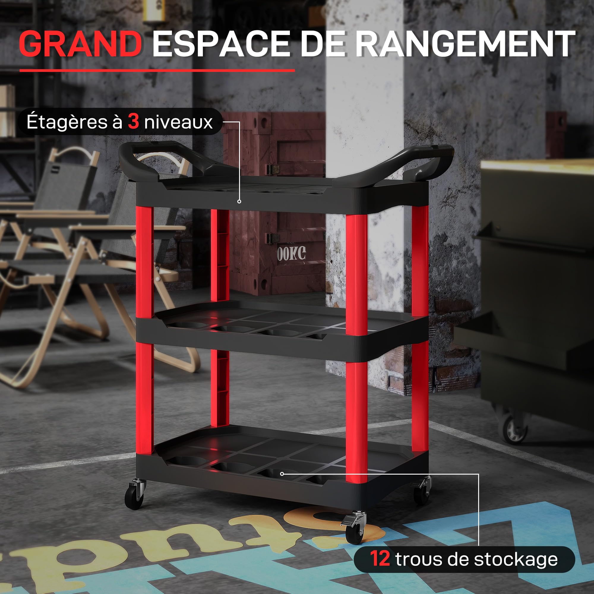 HOMCOM Chariot d'atelier servante Atelier Chariot à Outil à 3 Niveaux avec poignée latérale, desserte Atelier pour Garage, entrepôt, Outils de Bricolage, Charge 91 Kg, 83 x 43 x 97 cm, Noir et Rouge