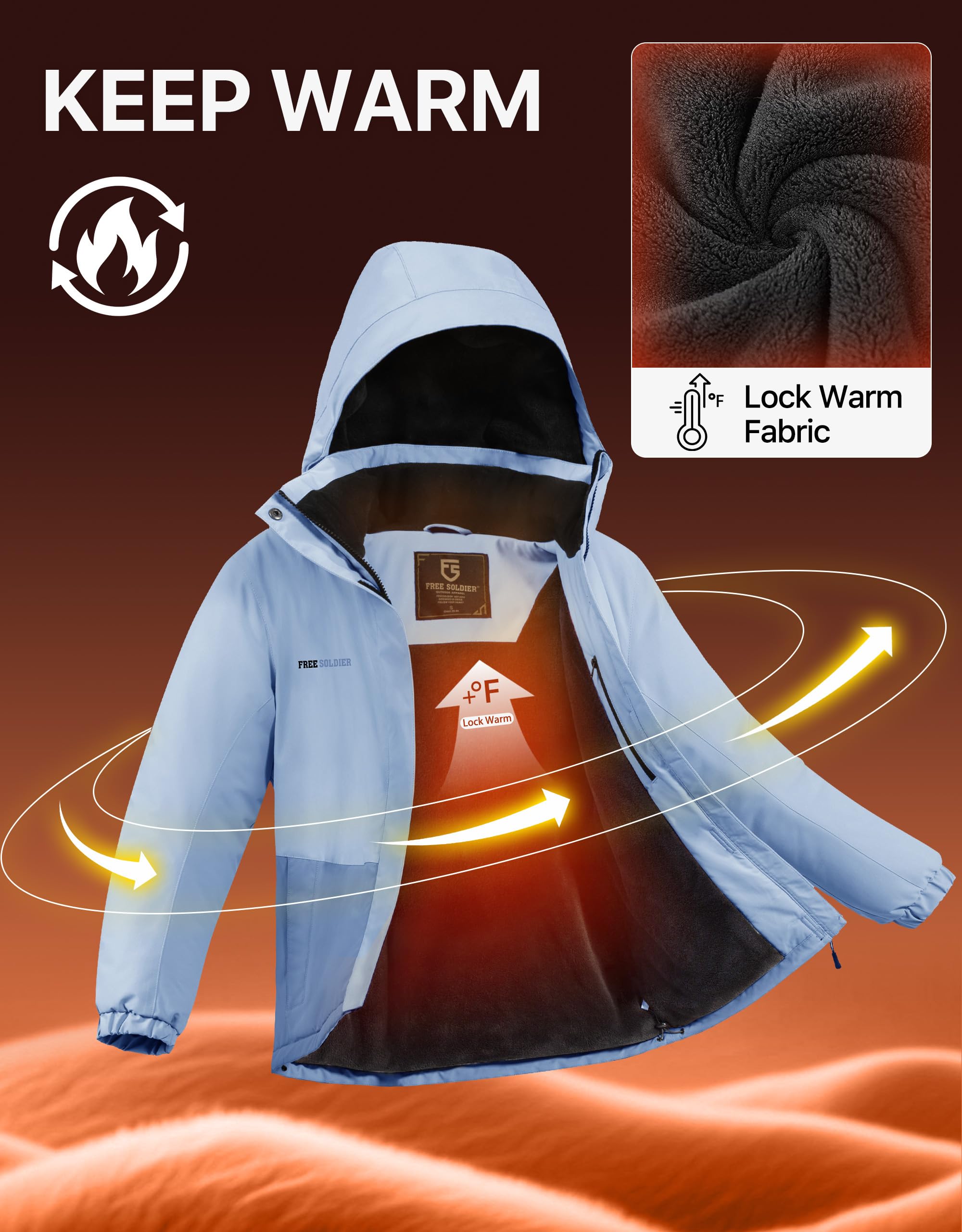 FREE SOLDIER Damen Wasserdichte Skijacke Fleece Gefüttert Warm Winter Schneemantel Winddicht Kapuze Regenmantel