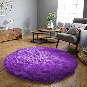 Latepis Round Fluffy Rug 5ft Purple Circle Rugs for Living Room Faux Sheepskin Furry Fur Rugs for Bedroom Boho Washable Room Rug Teen Room Décor