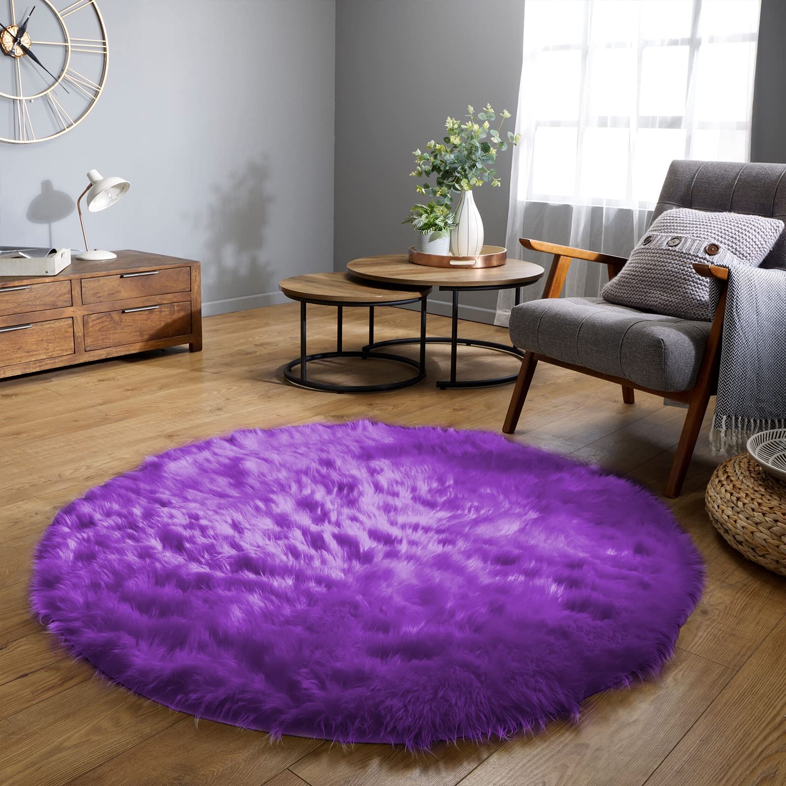 Latepis Round Fluffy Rug 5ft Purple Circle Rugs for Living Room Faux Sheepskin Furry Fur Rugs for Bedroom Boho Washable Room Rug Teen Room Décor
