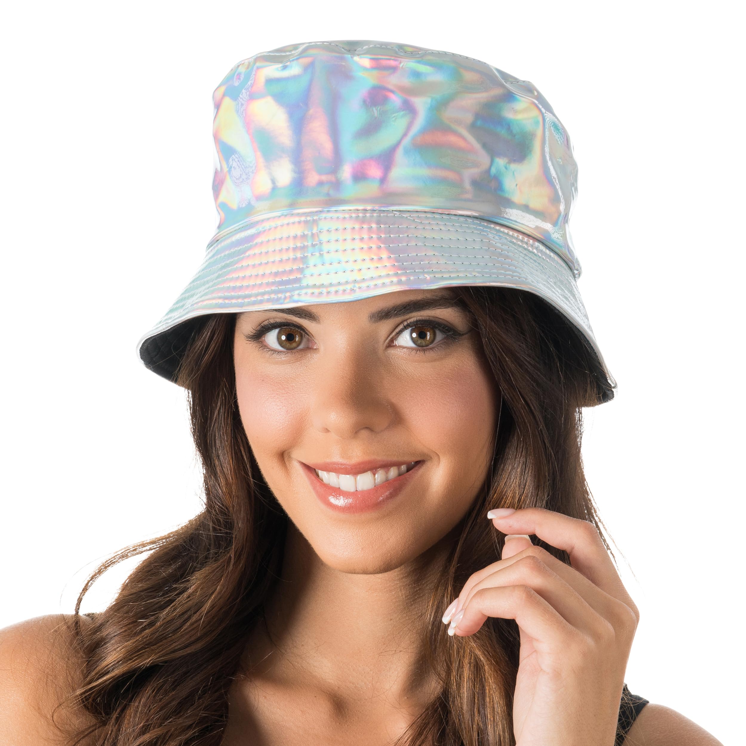 Iridescent Silver Bucket Hat – One-Size Shiny Metallic Festival & Streetwear Hat, Lightweight & Trendy Accessory