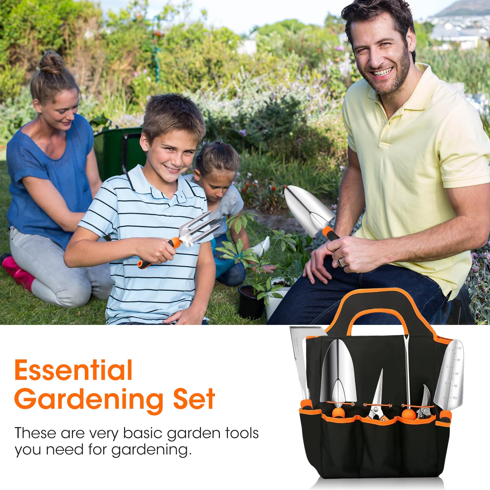 Gartden Tools, 10 herramientas de jardín de acero inoxidable para jardinería con mango ergonómico antideslizante, herramientas de mano de jardín con bolsa de mano para mujeres, hombres, regalo 7