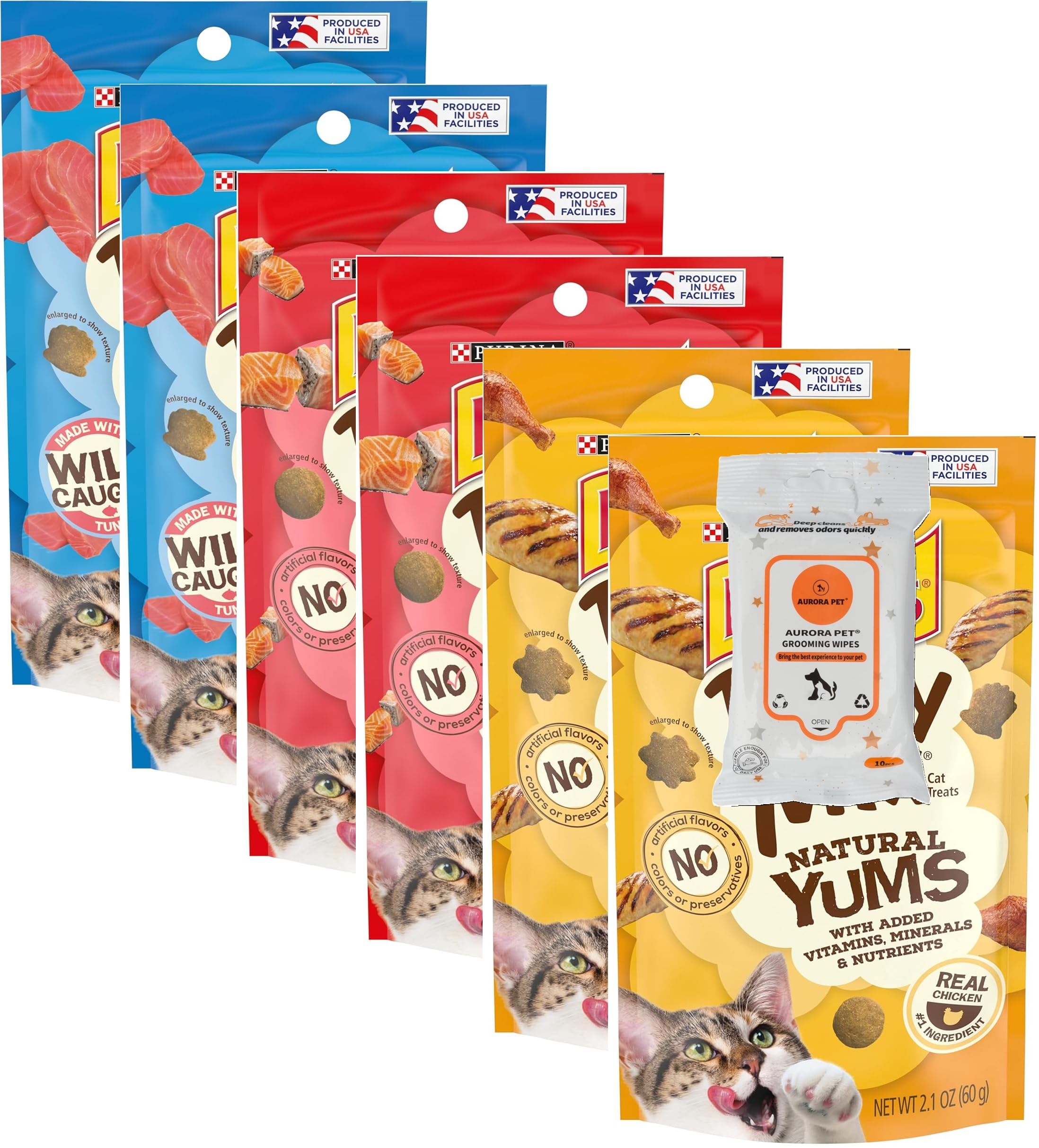 Aurora Pet Variety Pack (6) Natural YUMS Cat Treats (2) Real Chicken (2) Real Salmon (2) Real Tuna with AuroraPet Wipes