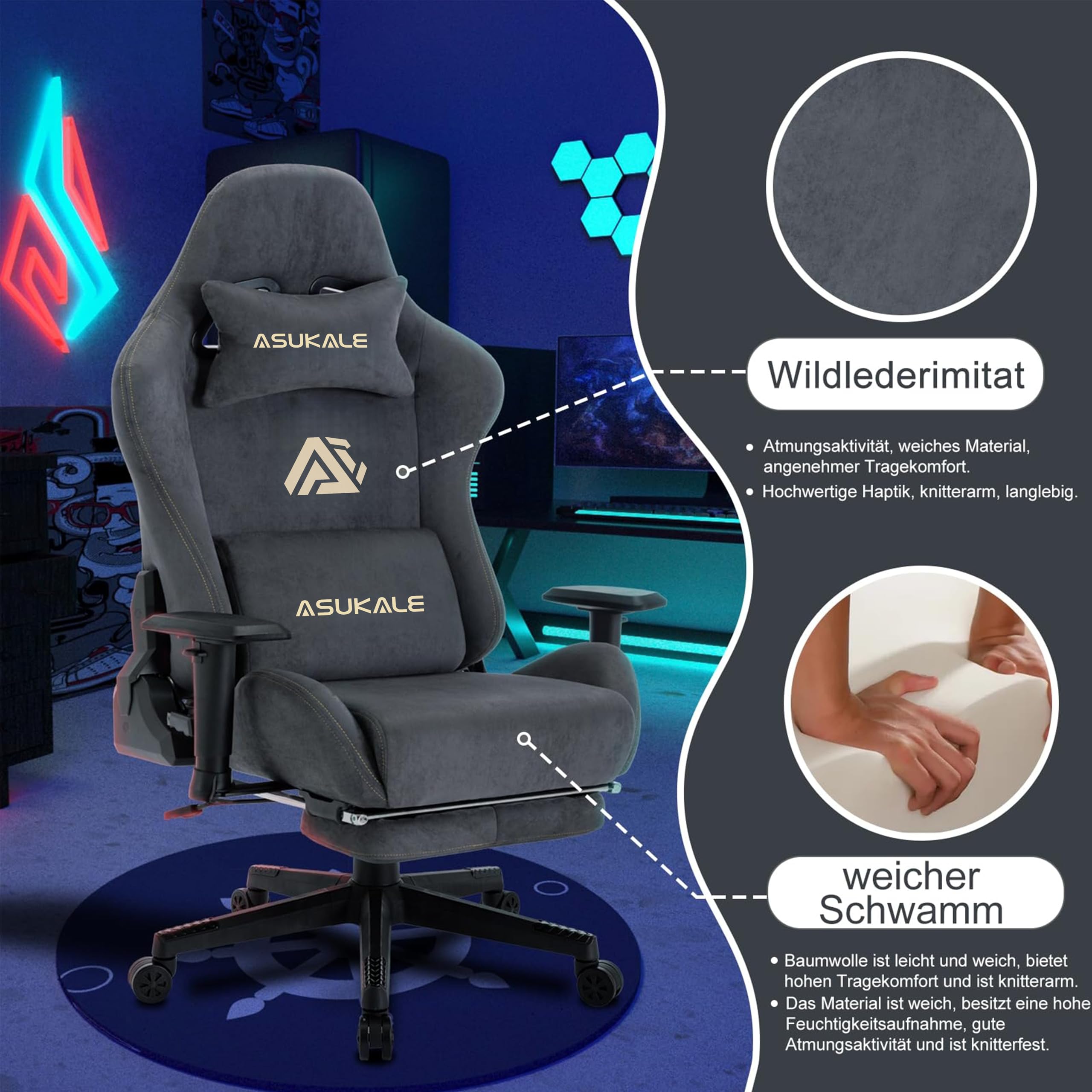 Gaming Stuhl, Atmungsaktiver Bürostuhl Ergonomisch aus Hochwertigem Stoff, PC-Stuhl mit Massage Lendenstütze, Verstellbarer und Drehbarer Schreibtischstuhl mit Fußstütze, Grau