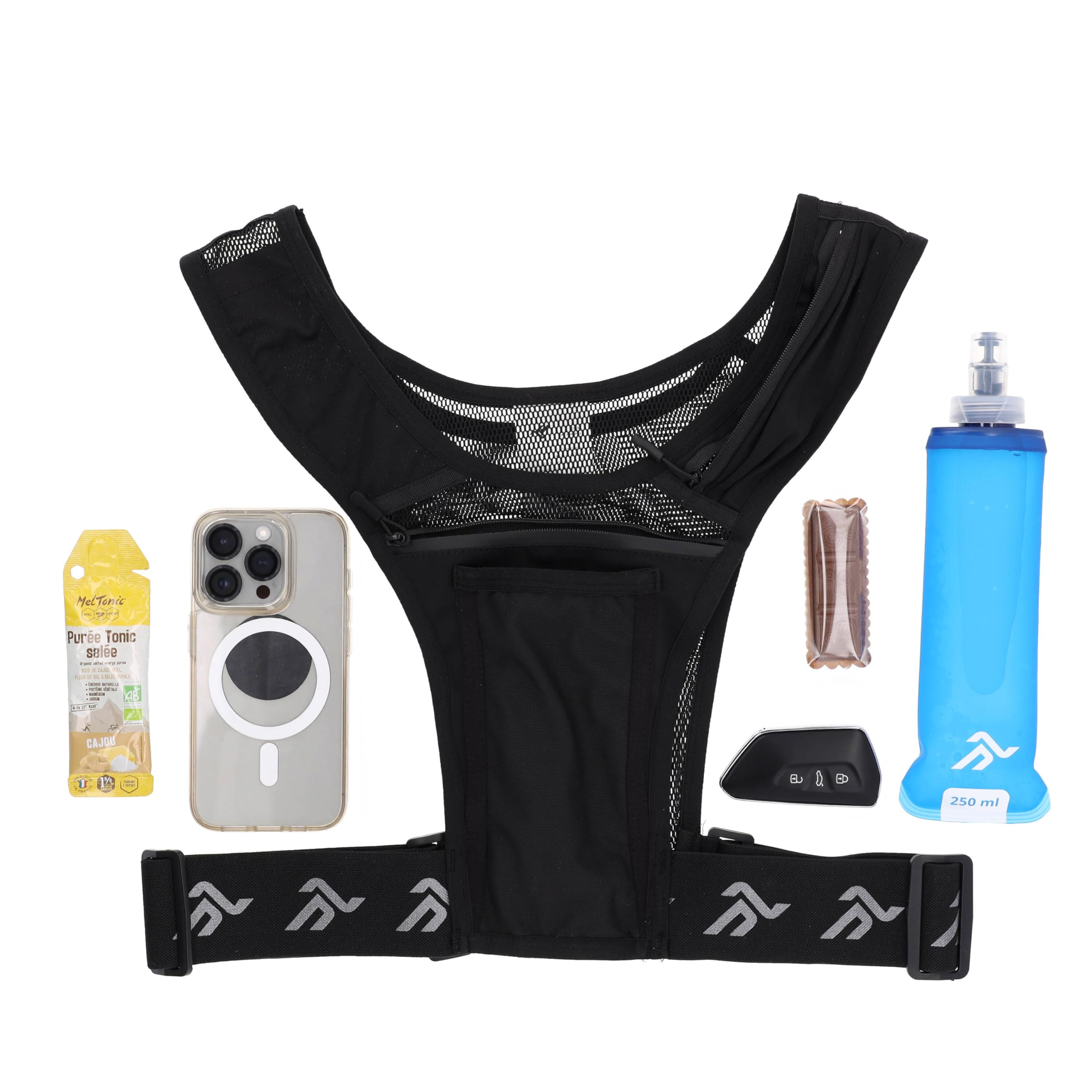 R-FLECT - Gilet de Course à Pied UltraRun20 - Gilet Running Homme/Femme Ultra Léger et Respirant - Sac de Trail Ajustable avec Poches Gourde, Téléphone et Gels - Haute Visibilité - Noir
