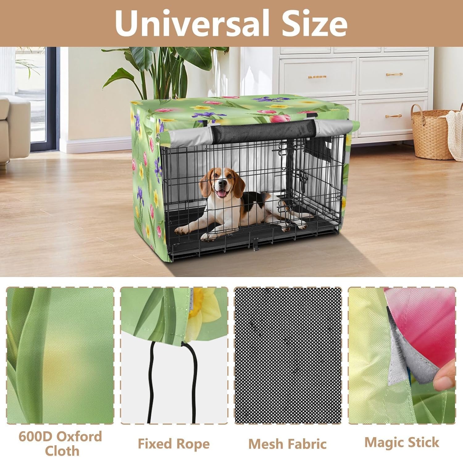 Spring Flowers Green Dog Crate Covers S-XL UV-Resistant Pet Cage Cover with Mesh Windows, Reduces Barking, X-Large