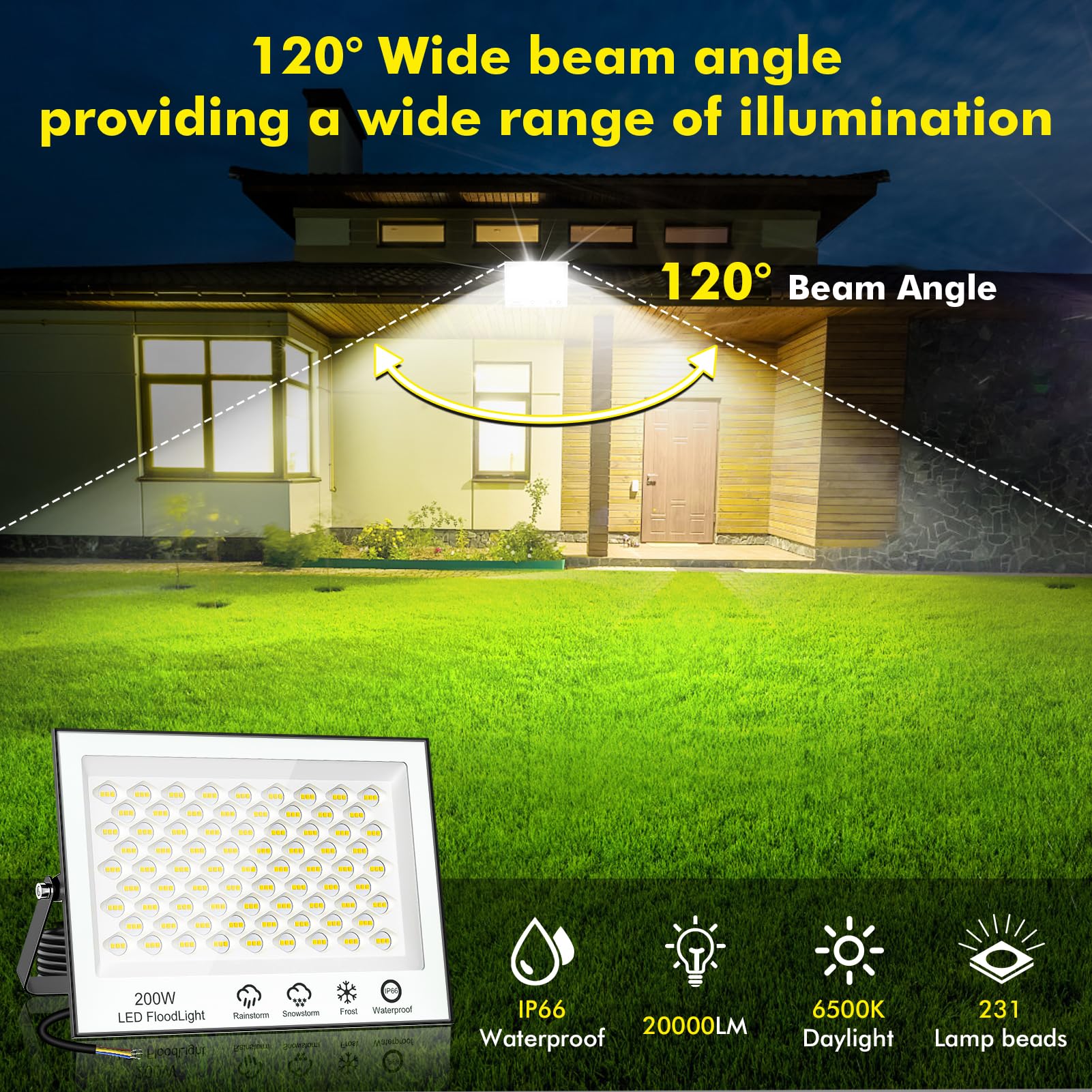 Faretto LED da Esterno 200W 2 Pezzi - Super Luminoso 20000LM Faretti LED 6500K Bianco Freddo Faro LED Esterno, IP65 Impermeabile Faretti LED Esterno per Giardino,Patio, Cortile, Terrazza, Garage