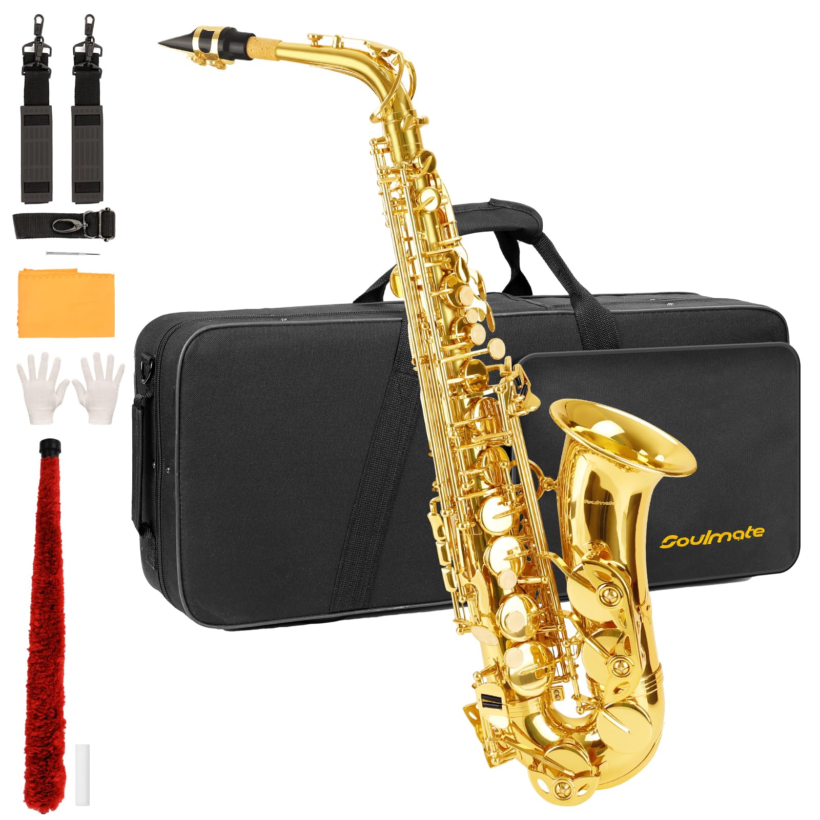 Soulmate Alto Saxophone, E-Flat Gold Lacquer Saxophone for Professional, Beginner & Students Full Kit with Carrying Case, Mouthpiece, Straps, Reeds, Cloths