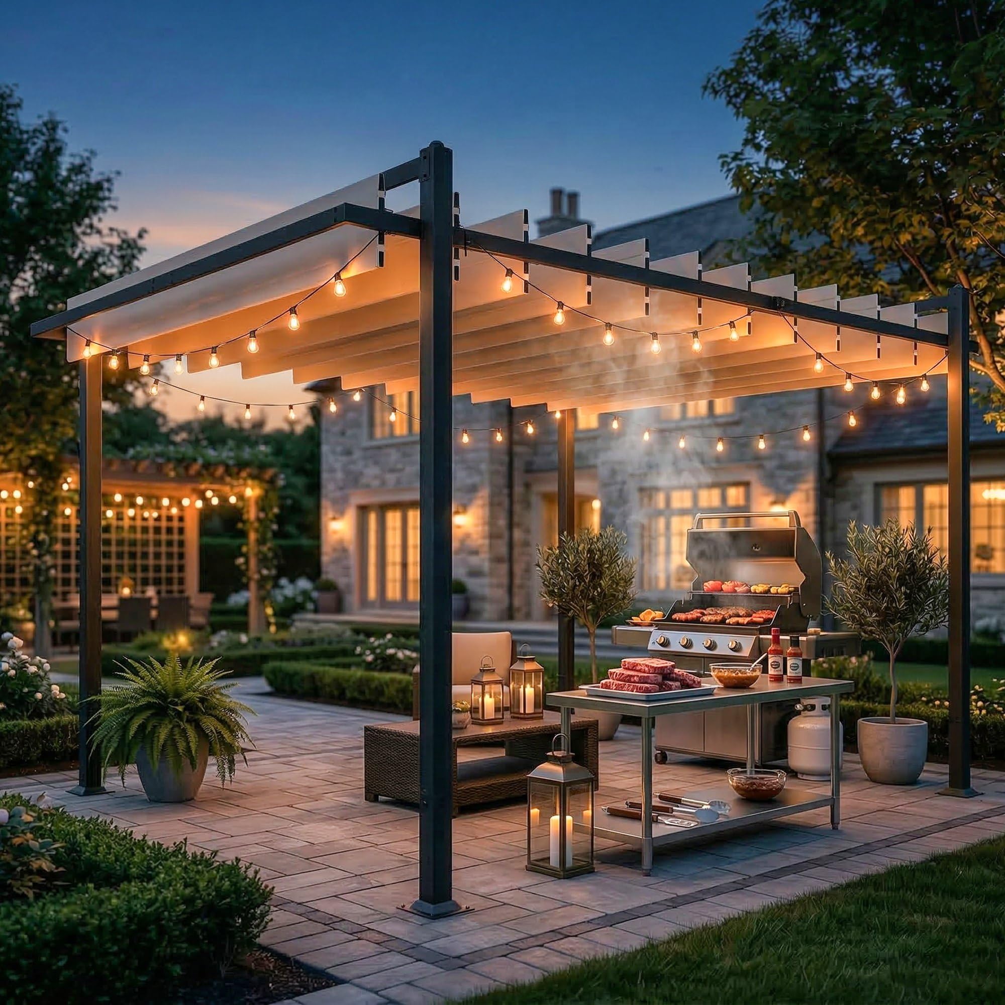 Outsunny Pérgola de Jardín 3x3,8 m, Cenador de Jardín con Techo de Lamas Ajustable a 90°, Manivela, Estructura de Aluminio y Acero, Protección UPF50+, Pabellón para Exterior, Patio, Terraza, Beige