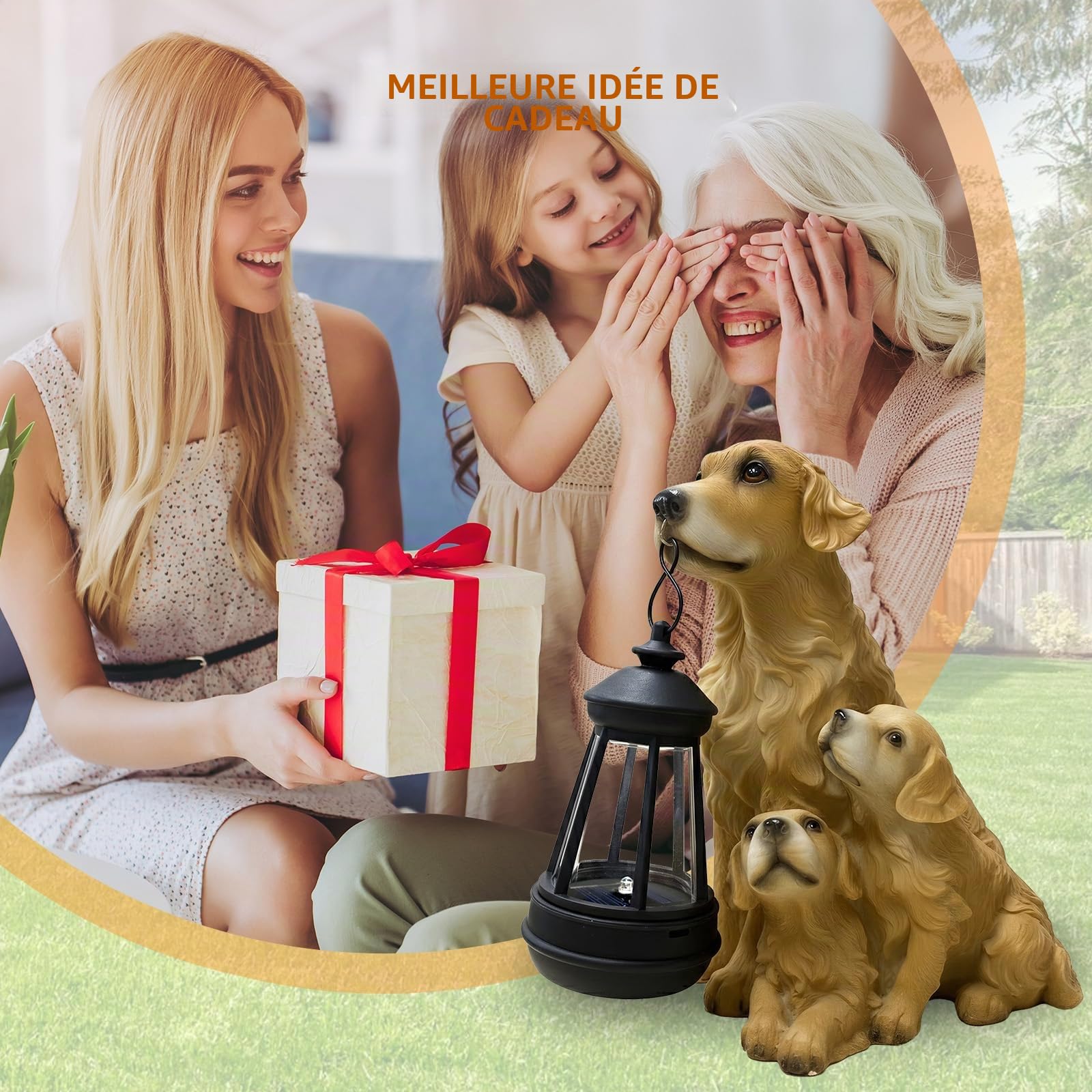 Statue de Jardin Chien Éclairage Solaire Extérieur: Figurine Chien Golden Retriever avec Chiots et Lanterne Solaire, Décoration Imperméable pour Balcon Terrasse, Idée Cadeau Anniversaire Femme Homme