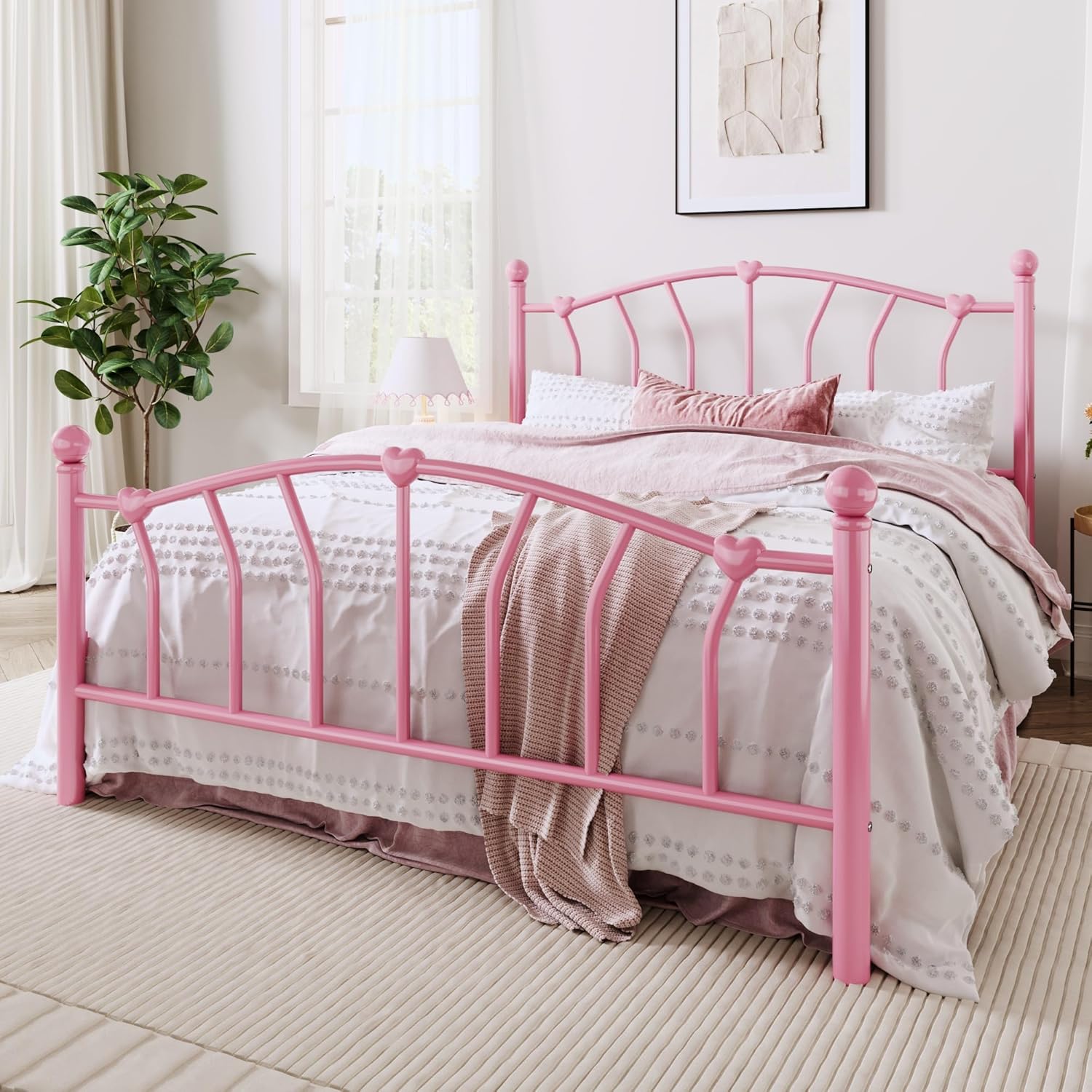 HOOMIC 14 Inch Queen Size Heart Shaped Metal Platform Bed Frame with Headboard and Footboard, Under-Bed Storage Space, Noise-Free Mattress Foundation, No Box Spring Needed, Easy Assembly, Pink